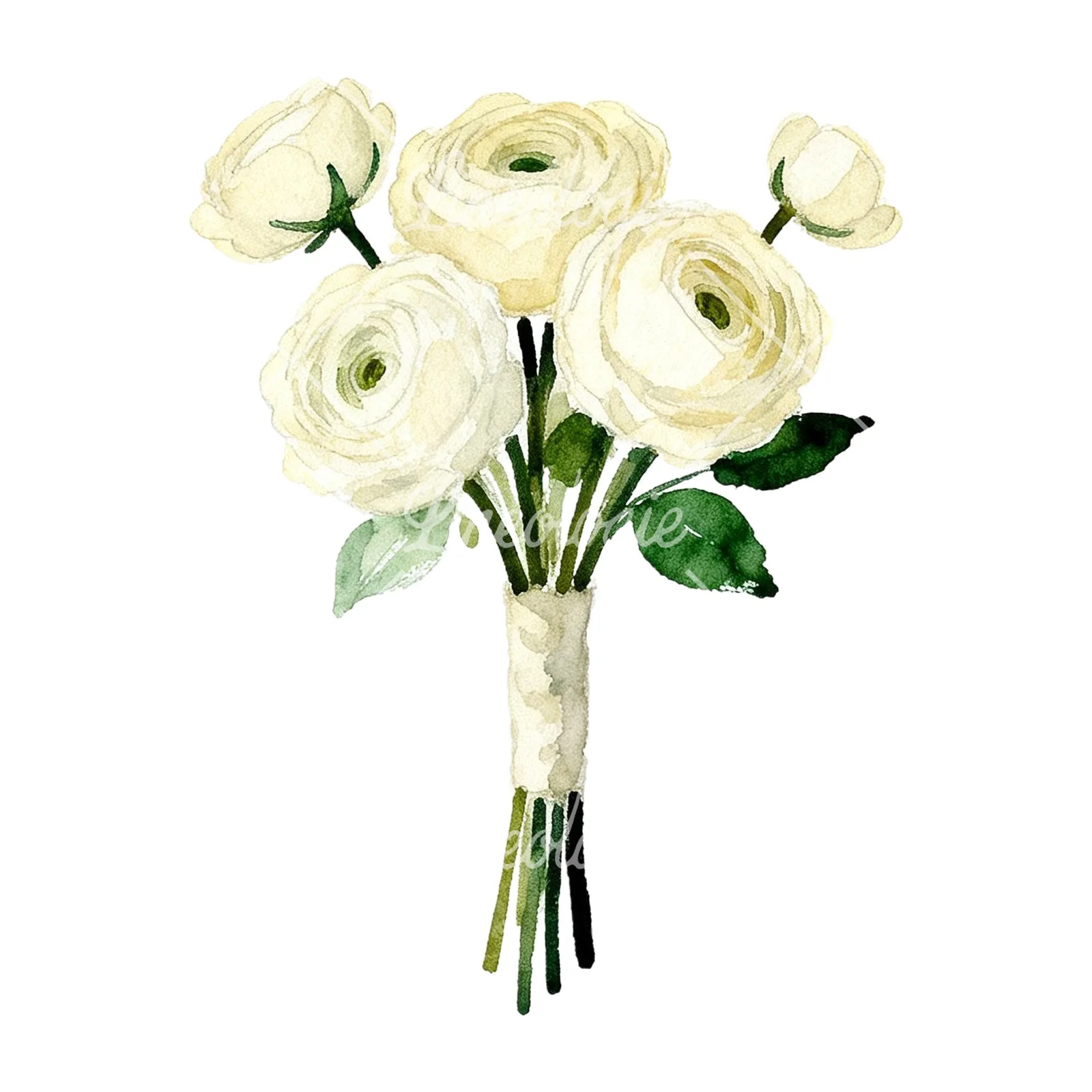 Watercolor cream and green bouquet clipart 3 of 9 on a white background (JPG)