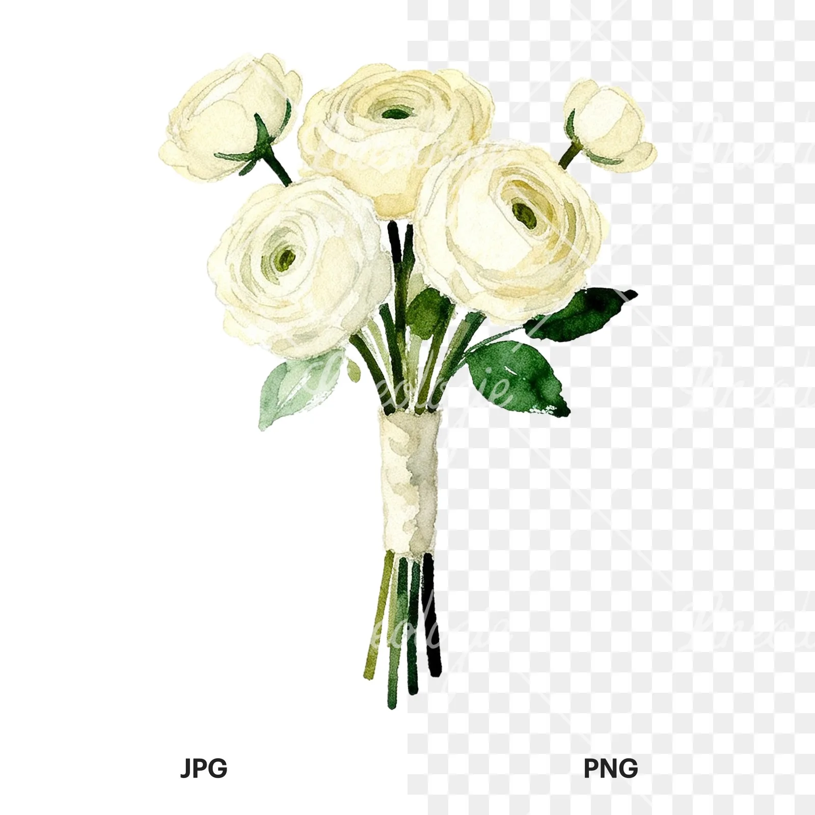 Watercolor cream and green bouquet clipart 3 of 9, as a JPG on white and a transparent PNG