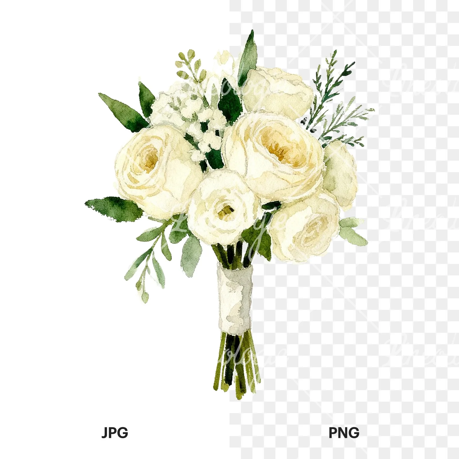 Watercolor cream and green bouquet clipart 4 of 9, as a JPG on white and a transparent PNG