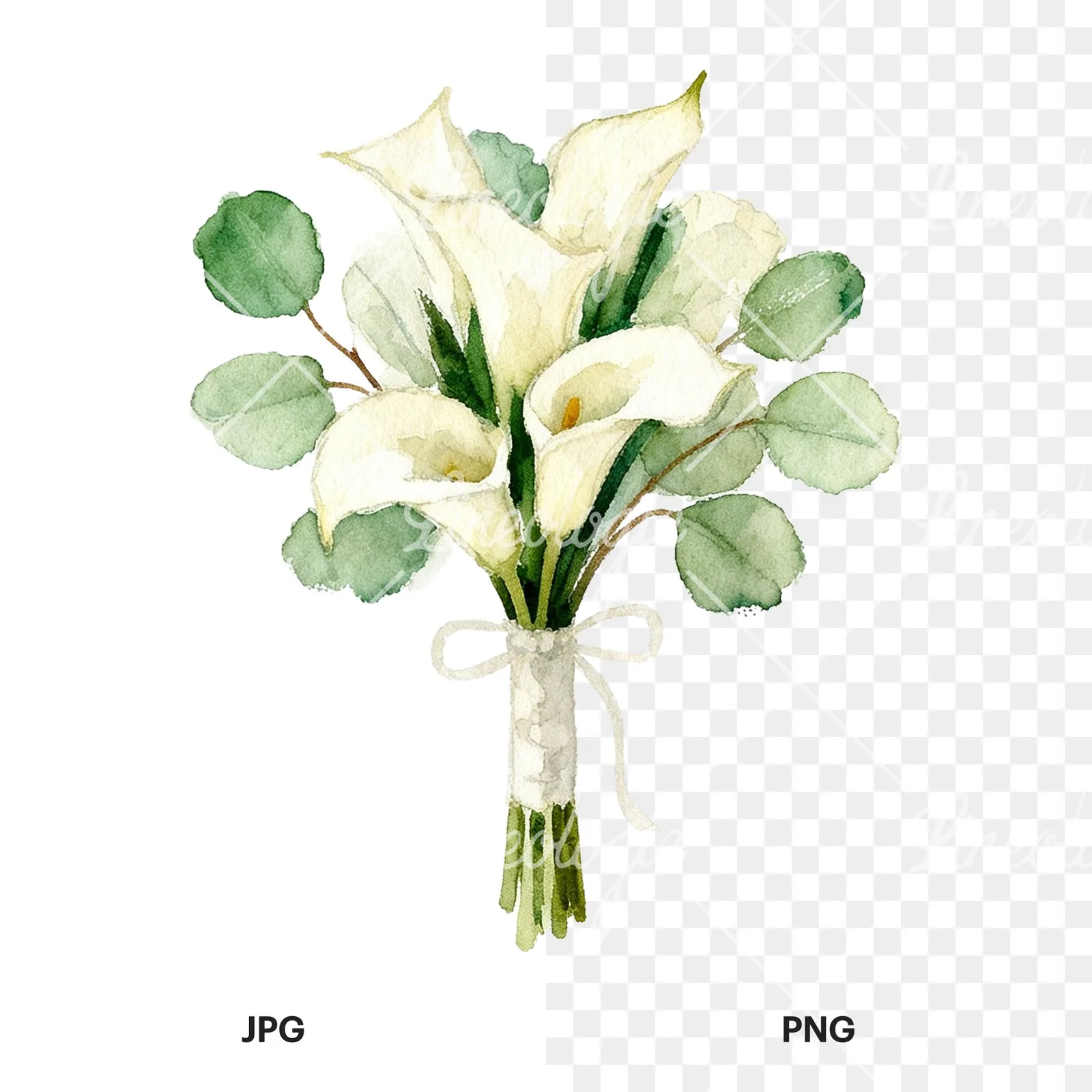 Watercolor cream and green bouquet clipart 5 of 9, as a JPG on white and a transparent PNG