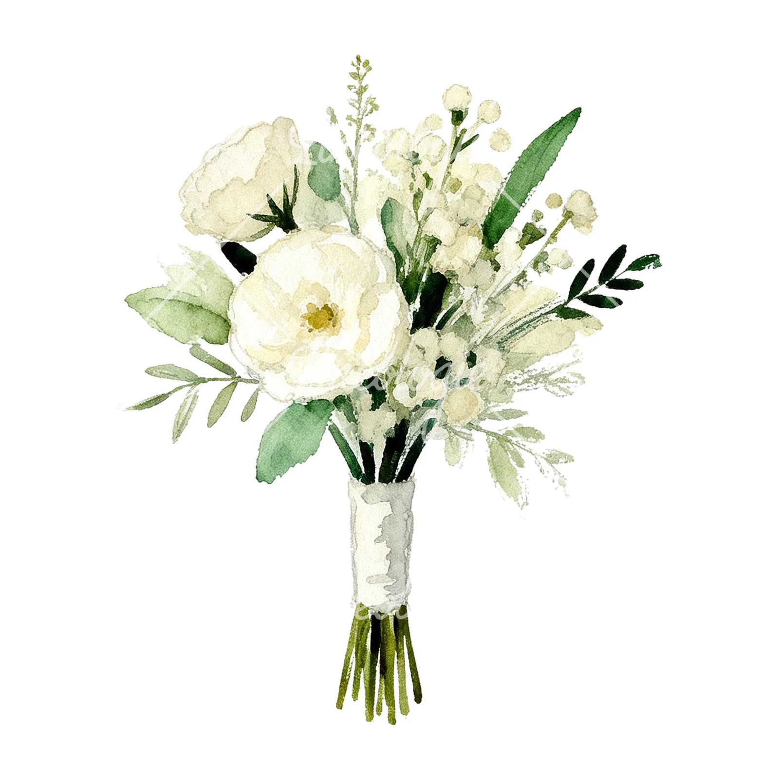 Watercolor cream and green bouquet clipart 7 of 9 on a white background (JPG)