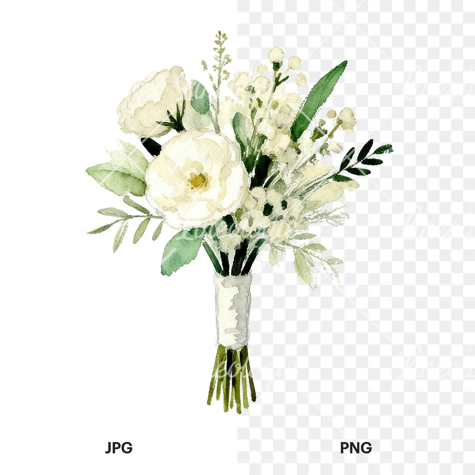 Watercolor cream and green bouquet clipart 7 of 9, as a JPG on white and a transparent PNG
