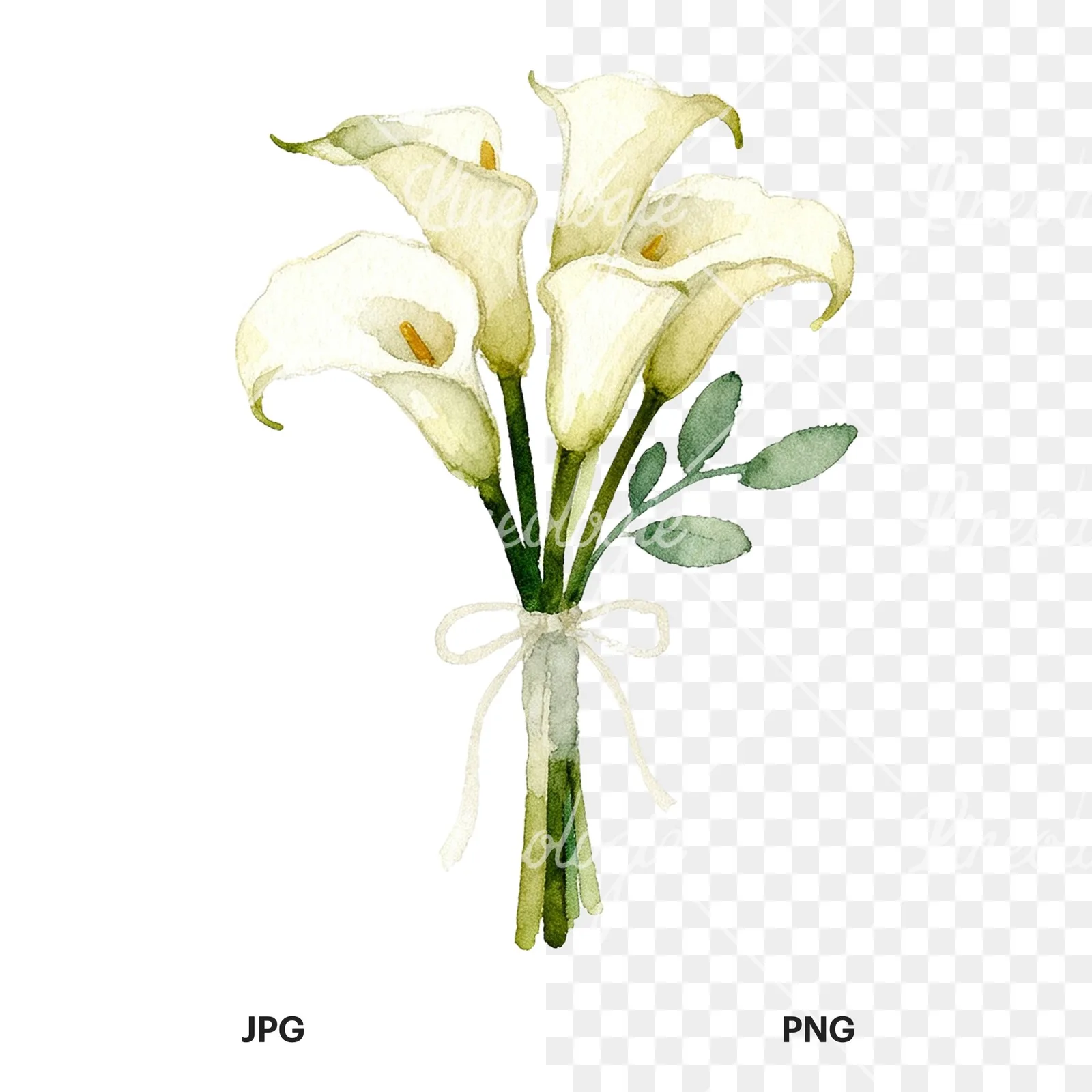 Watercolor cream and green bouquet clipart 8 of 9, as a JPG on white and a transparent PNG
