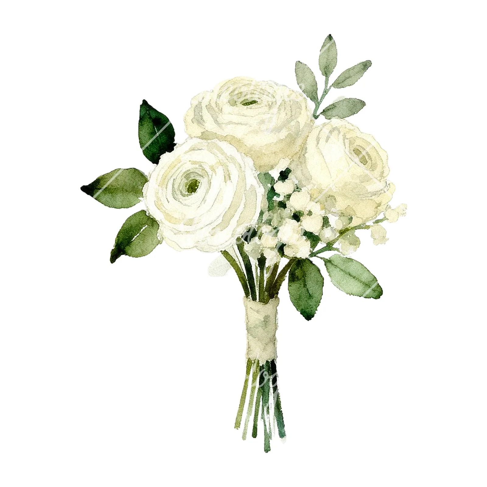 Watercolor cream and green bouquet clipart 9 of 9 on a white background (JPG)