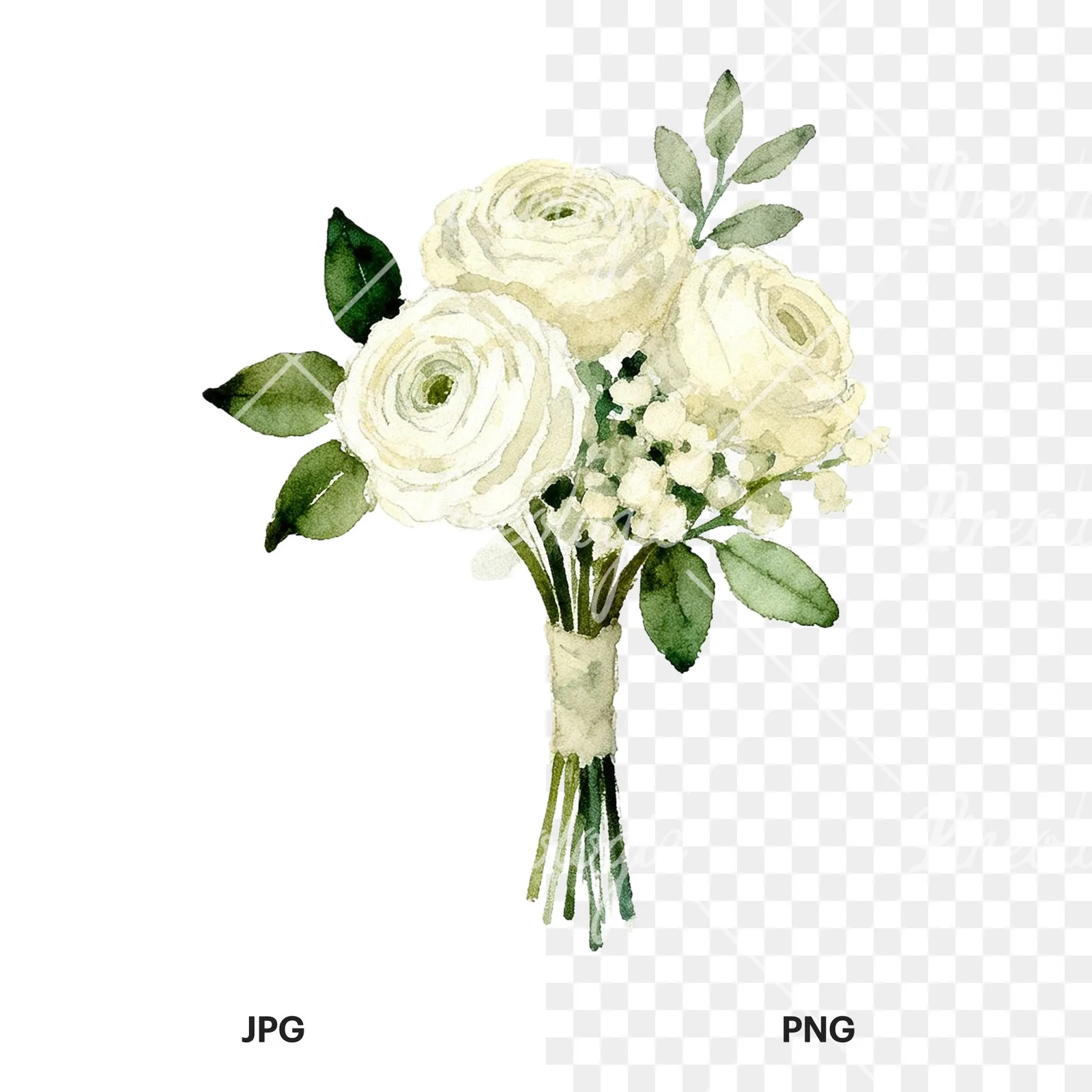 Watercolor cream and green bouquet clipart 9 of 9, as a JPG on white and a transparent PNG