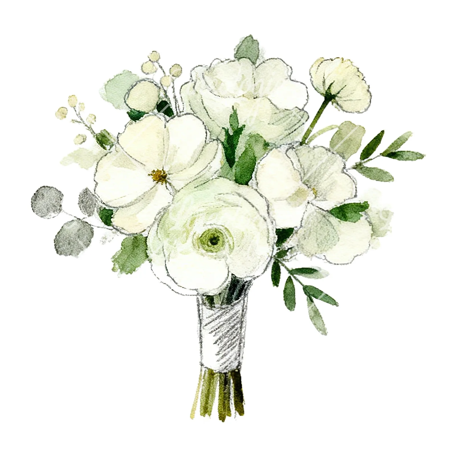 Watercolor cream and green wedding bouquet clipart 1 of 12 on a white background (JPG)