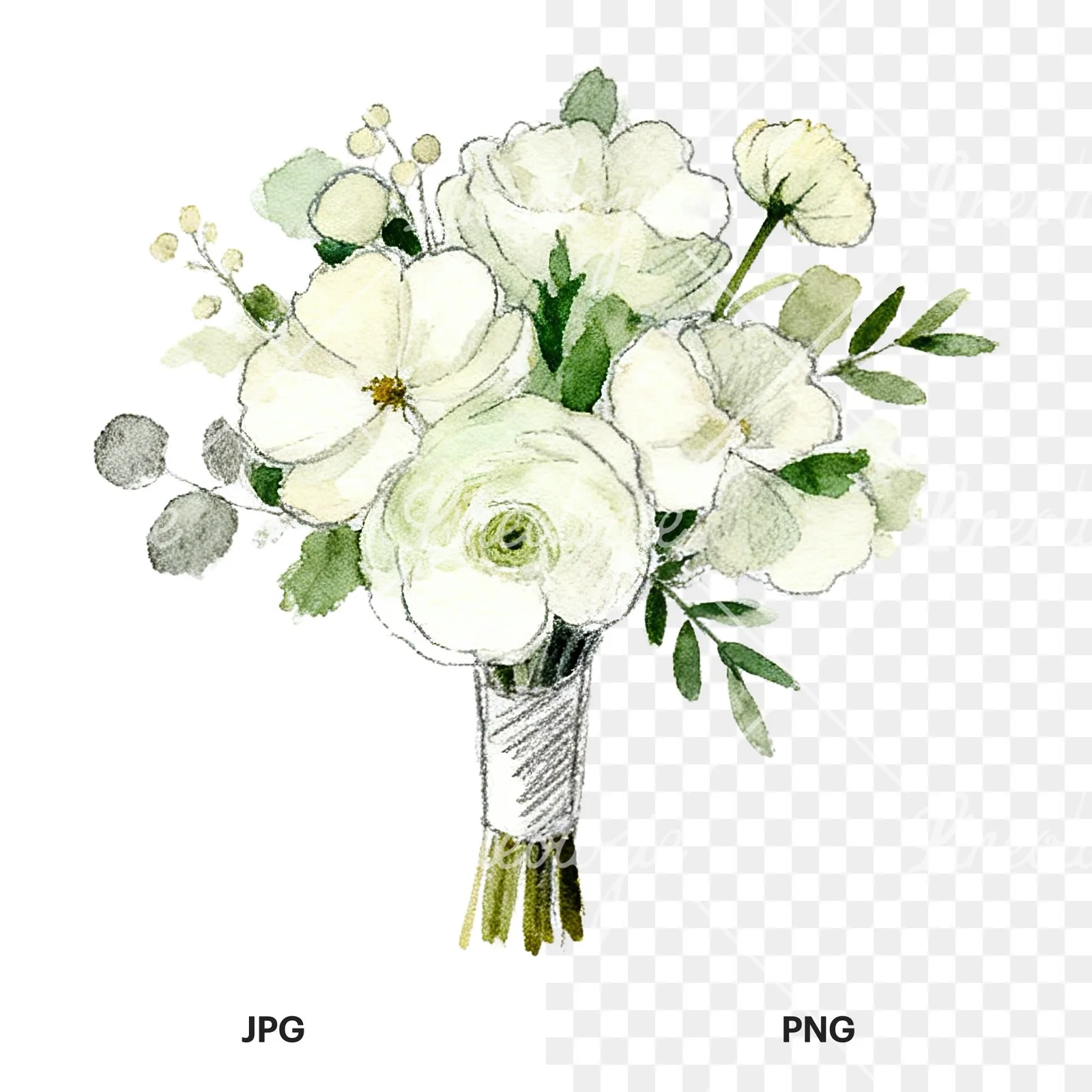Watercolor cream and green wedding bouquet clipart 1 of 12, as a JPG on white and a transparent PNG