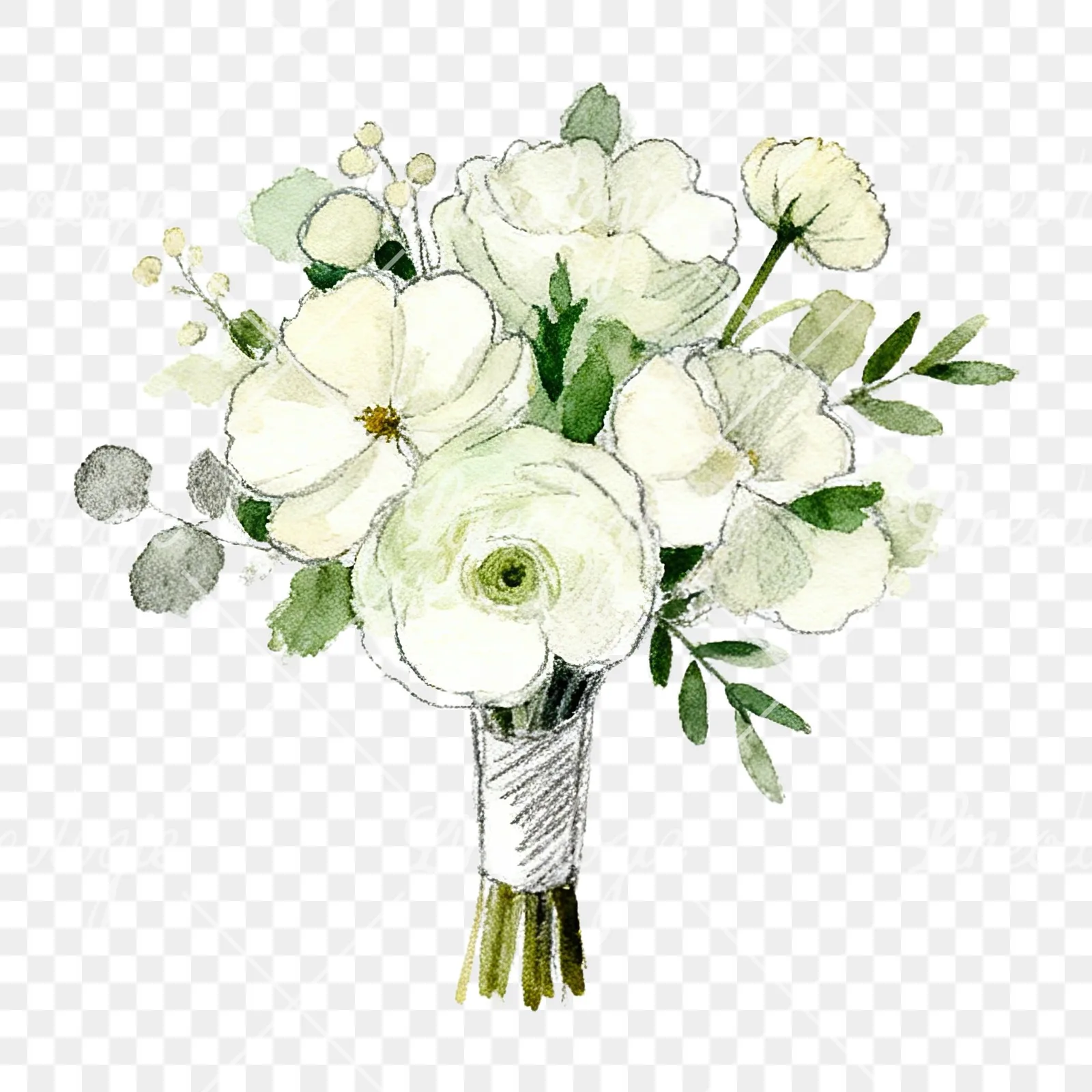 Watercolor cream and green wedding bouquet clipart 1 of 12 on a transparent background (PNG)