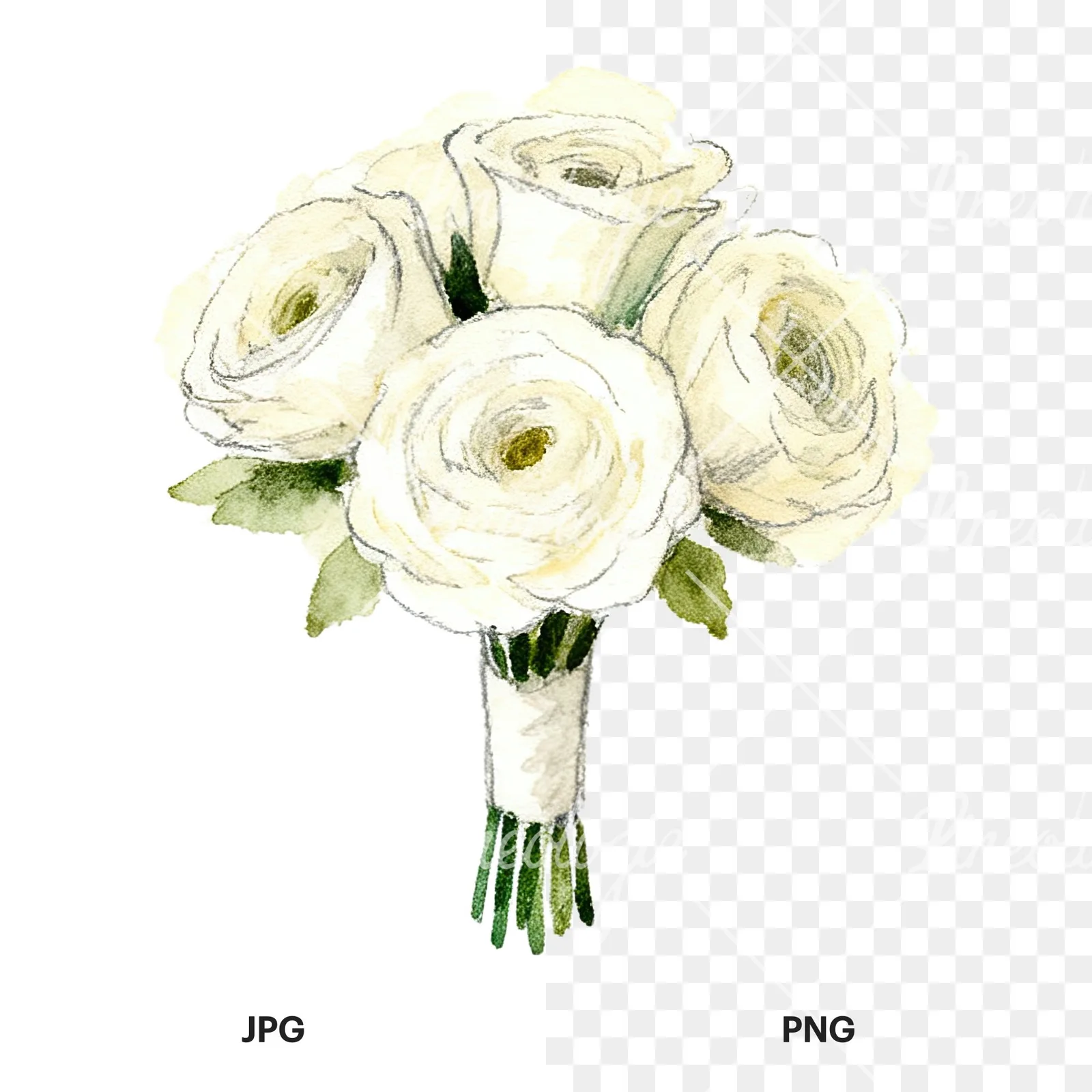 Watercolor cream and green wedding bouquet clipart 2 of 12, as a JPG on white and a transparent PNG