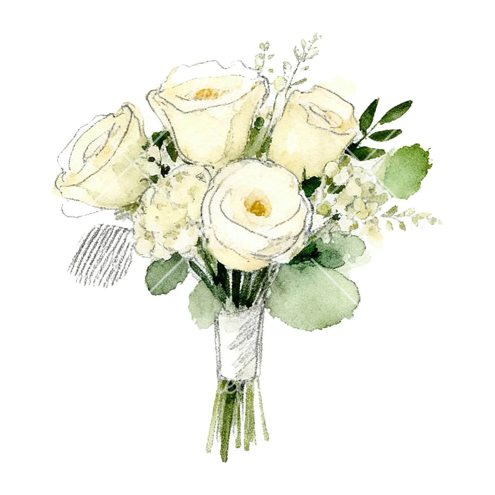 Watercolor cream and green wedding bouquet clipart 3 of 12 on a white background (JPG)