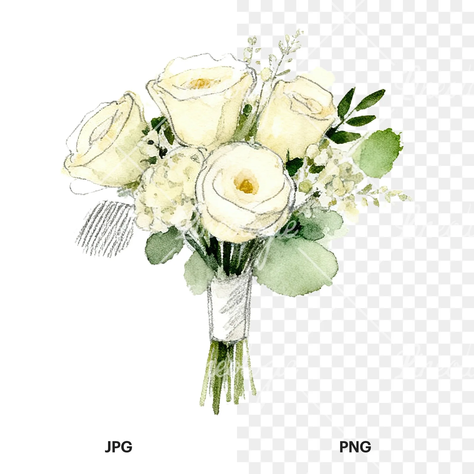 Watercolor cream and green wedding bouquet clipart 3 of 12, as a JPG on white and a transparent PNG