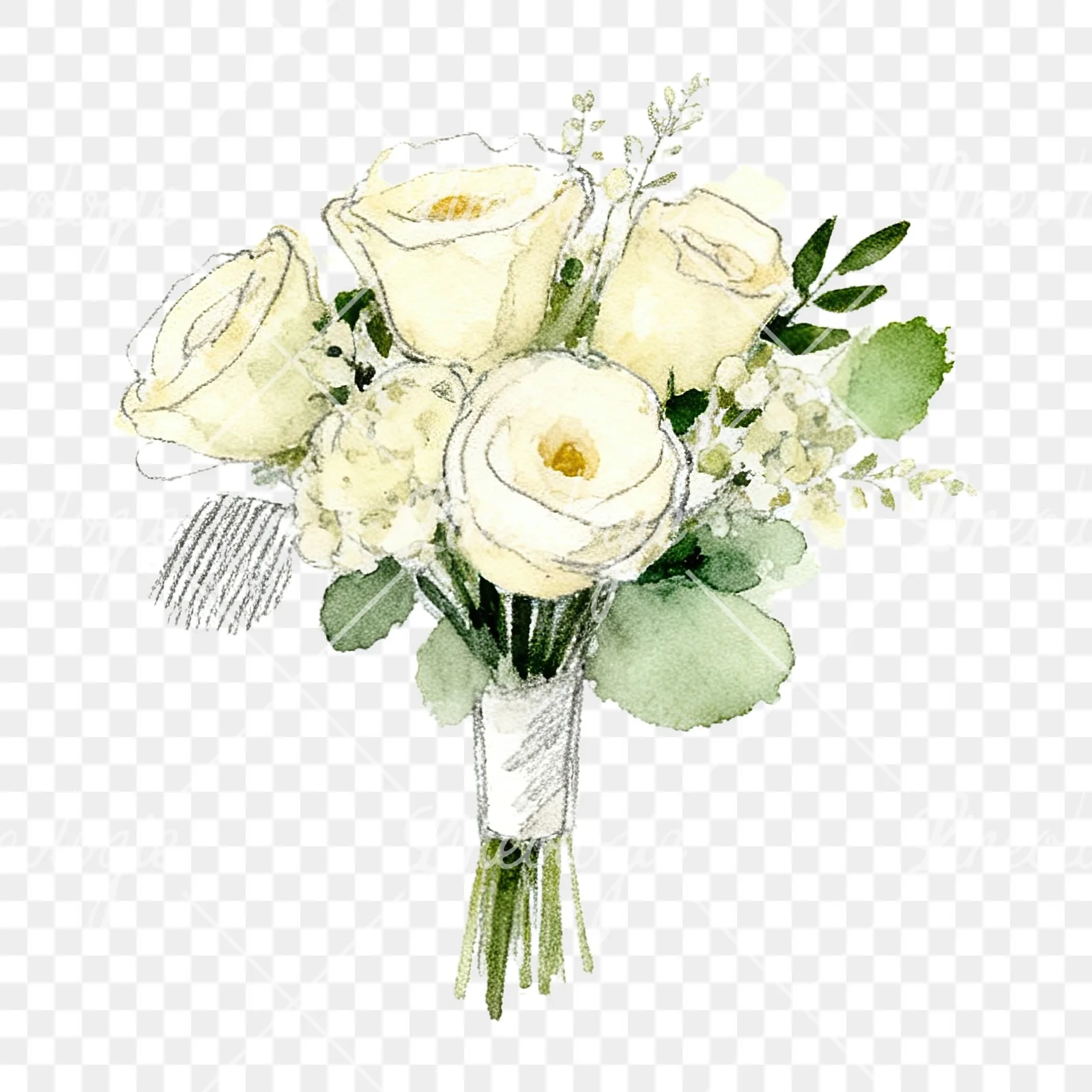 Watercolor cream and green wedding bouquet clipart 3 of 12 on a transparent background (PNG)