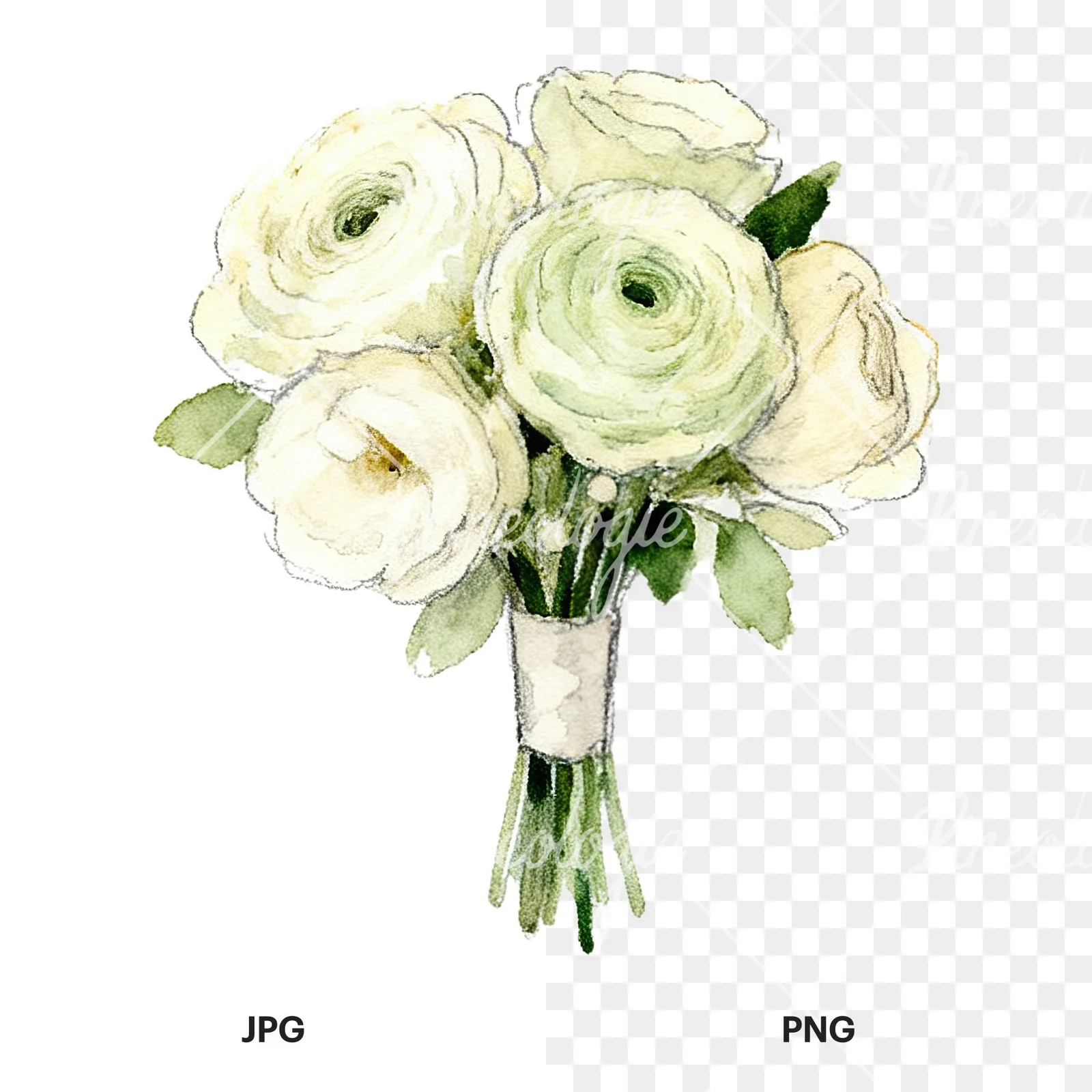 Watercolor cream and green wedding bouquet clipart 4 of 12, as a JPG on white and a transparent PNG