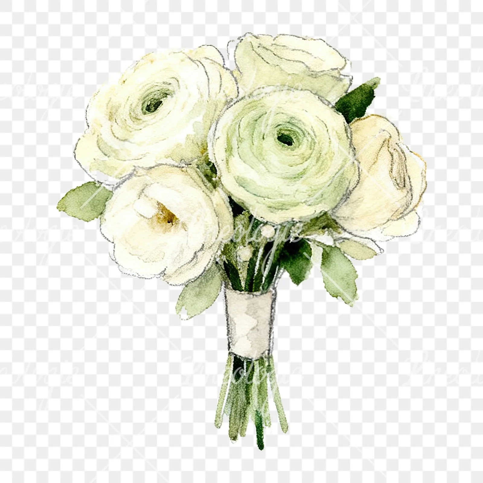Watercolor cream and green wedding bouquet clipart 4 of 12 on a transparent background (PNG)