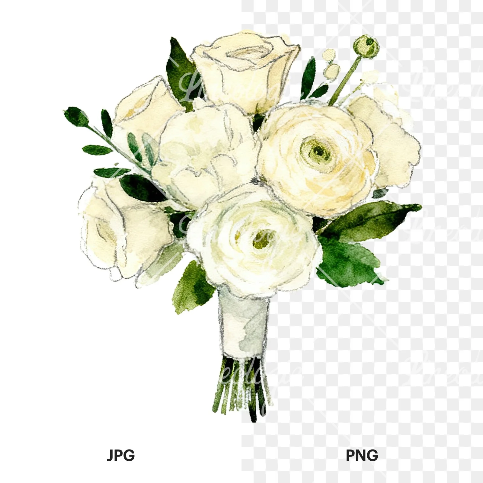 Watercolor cream and green wedding bouquet clipart 5 of 12, as a JPG on white and a transparent PNG