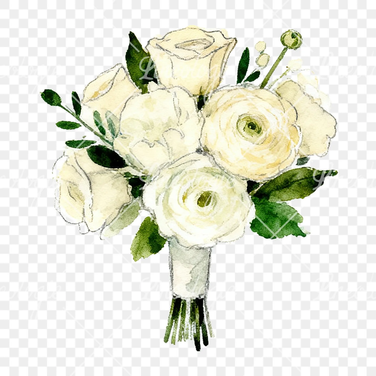 Watercolor cream and green wedding bouquet clipart 5 of 12 on a transparent background (PNG)