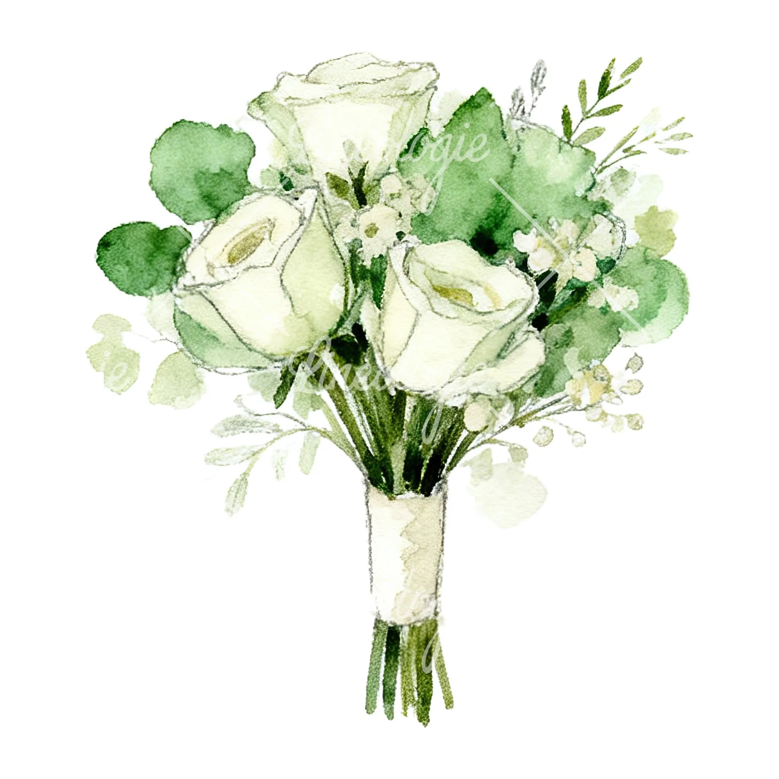 Watercolor cream and green wedding bouquet clipart 6 of 12 on a white background (JPG)