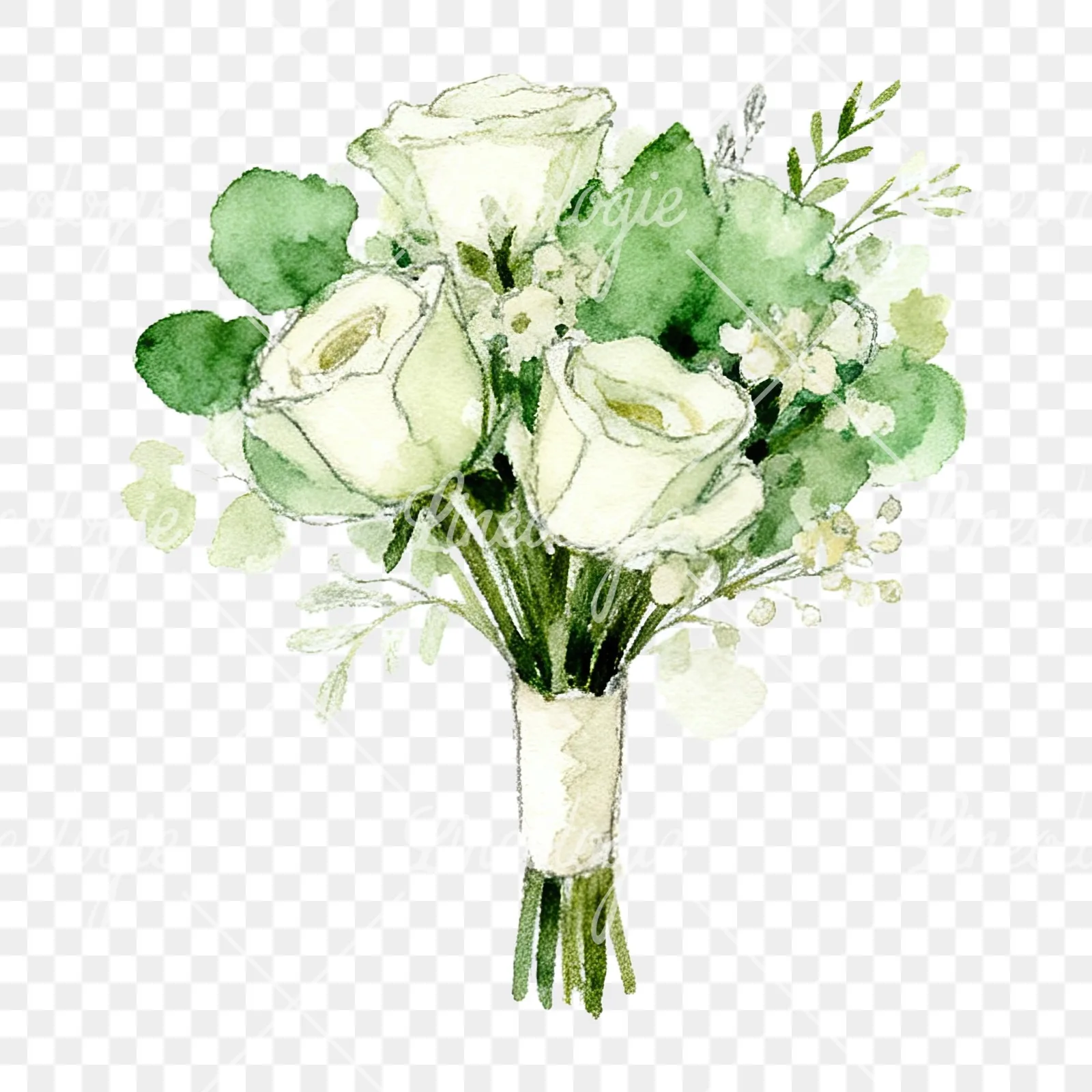 Watercolor cream and green wedding bouquet clipart 6 of 12 on a transparent background (PNG)