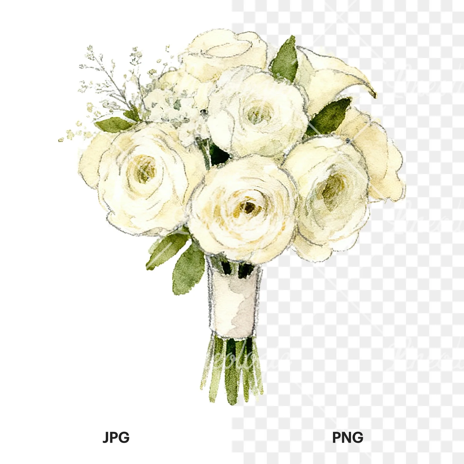 Watercolor cream and green wedding bouquet clipart 7 of 12, as a JPG on white and a transparent PNG