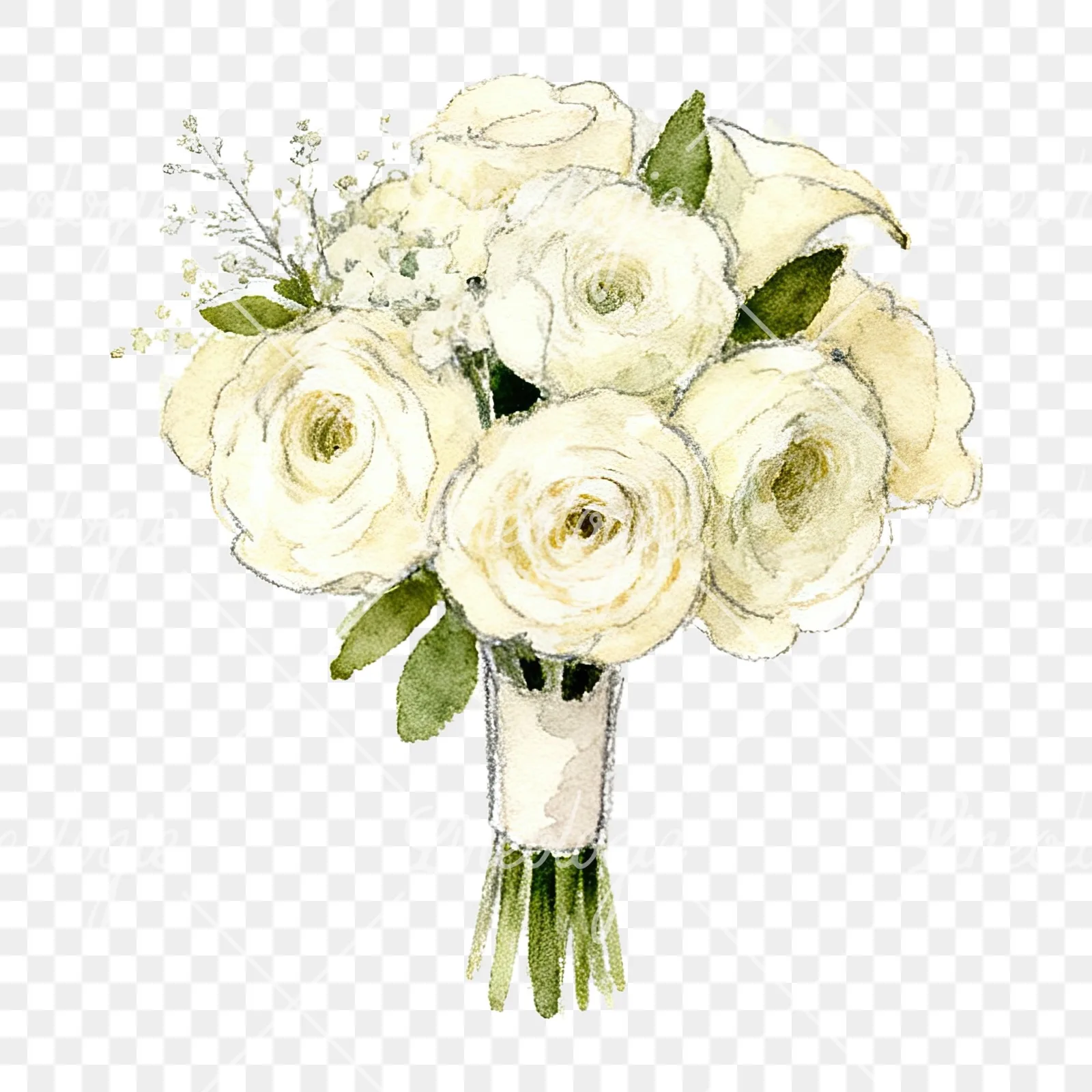 Watercolor cream and green wedding bouquet clipart 7 of 12 on a transparent background (PNG)