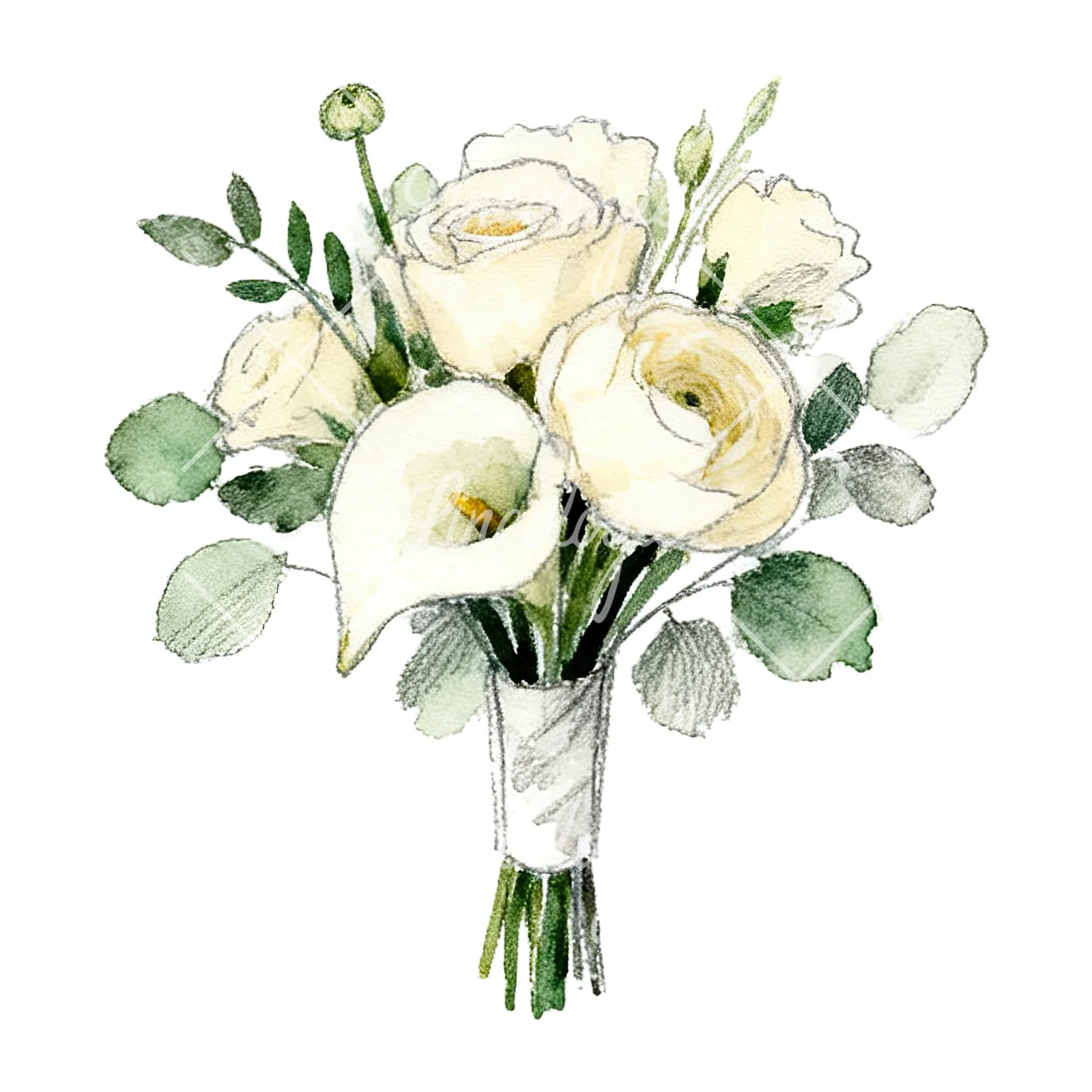Watercolor cream and green wedding bouquet clipart 8 of 12 on a white background (JPG)