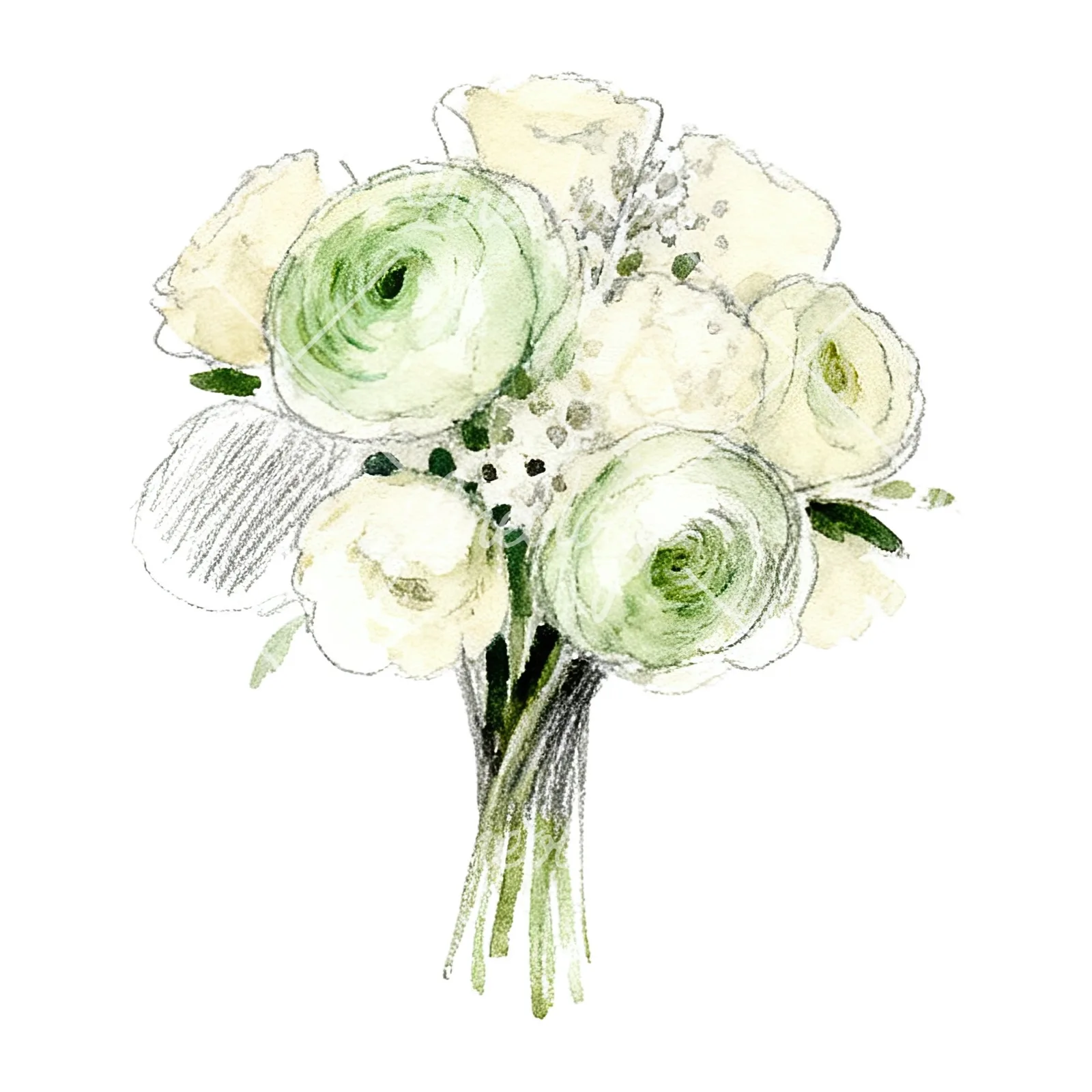 Watercolor cream and green wedding bouquet clipart 9 of 12 on a white background (JPG)