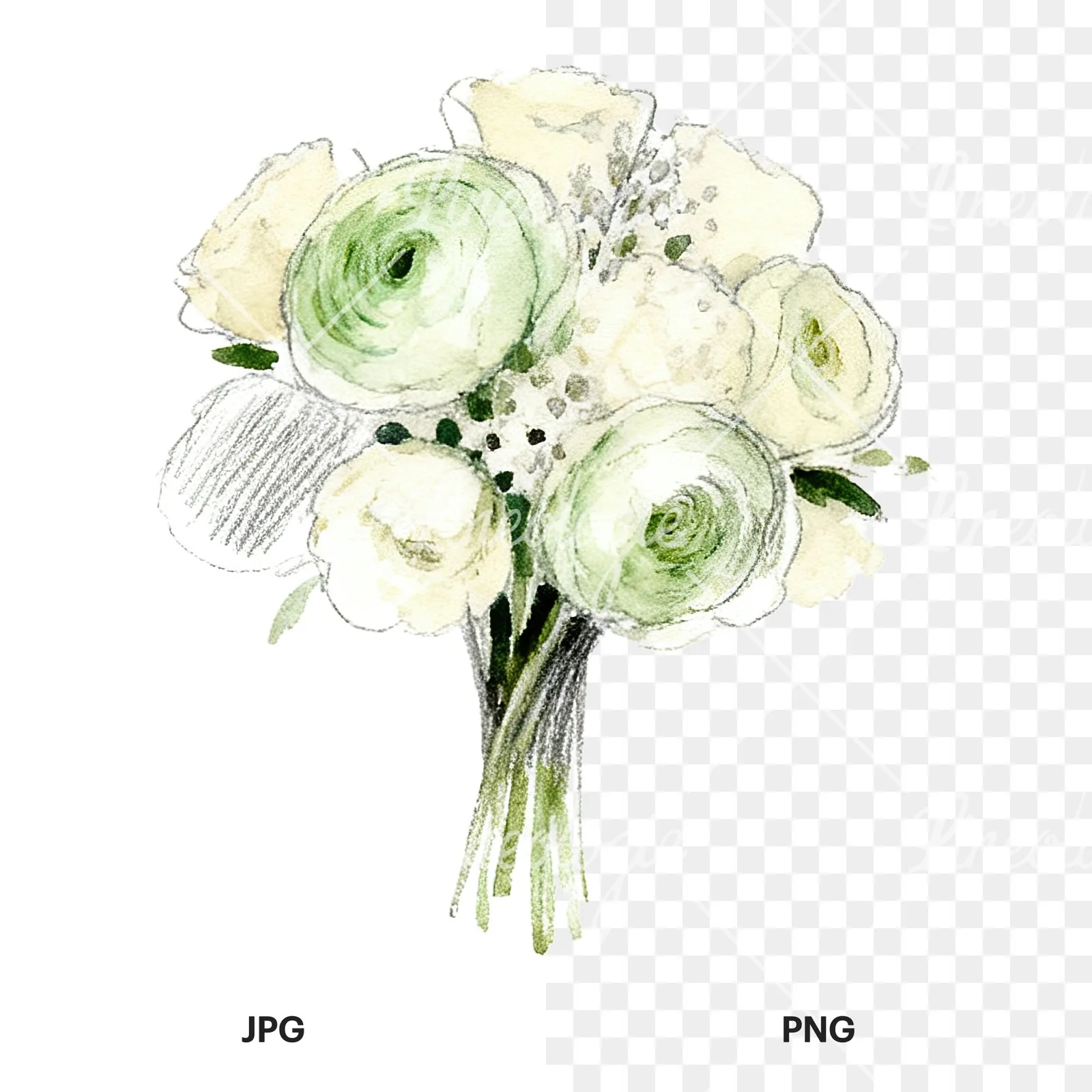 Watercolor cream and green wedding bouquet clipart 9 of 12, as a JPG on white and a transparent PNG