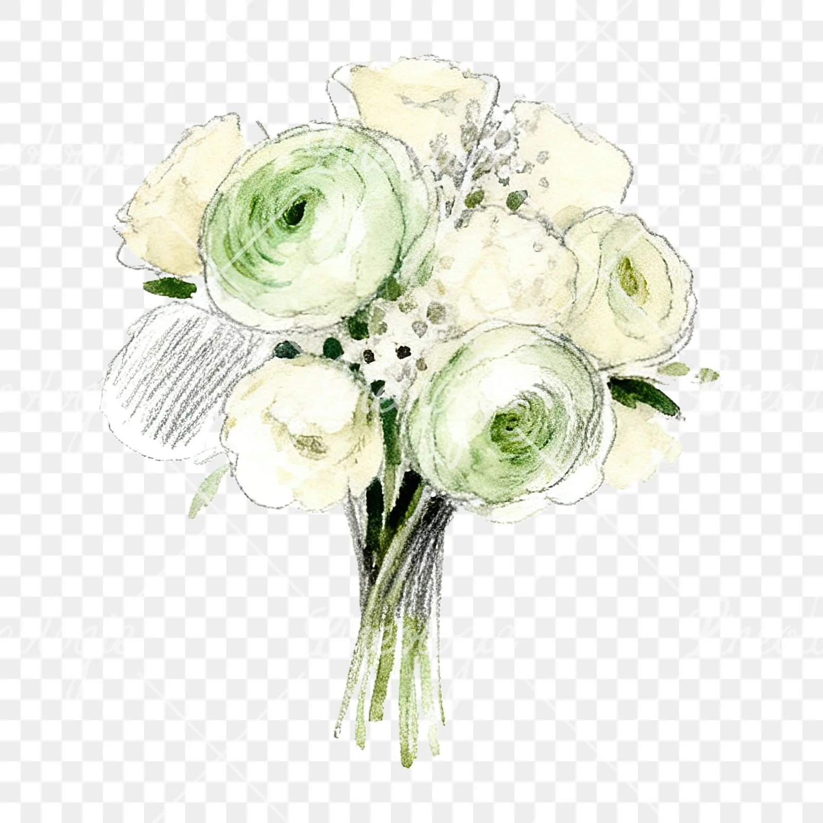 Watercolor cream and green wedding bouquet clipart 9 of 12 on a transparent background (PNG)