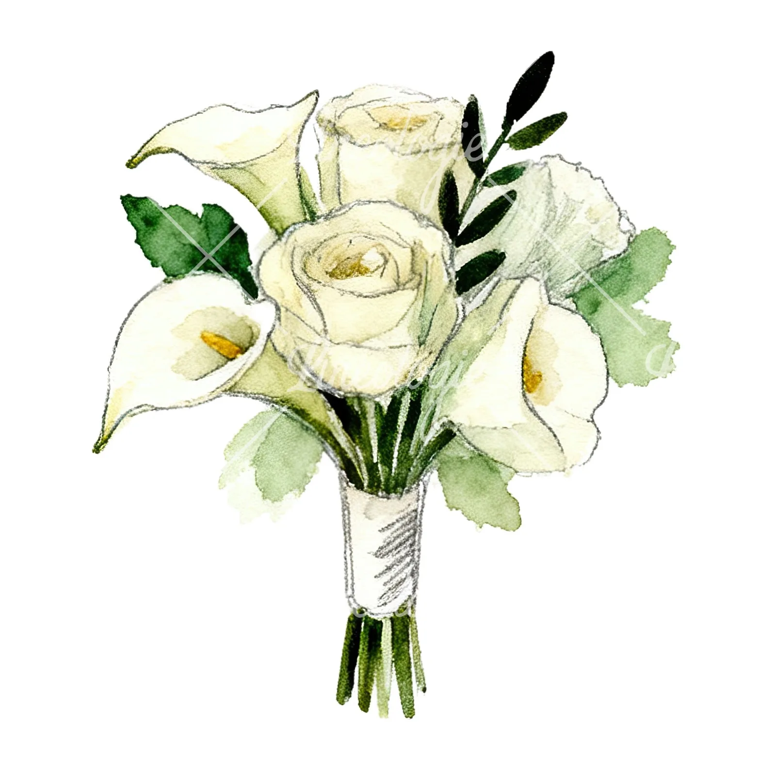 Watercolor cream and green wedding bouquet clipart 10 of 12 on a white background (JPG)