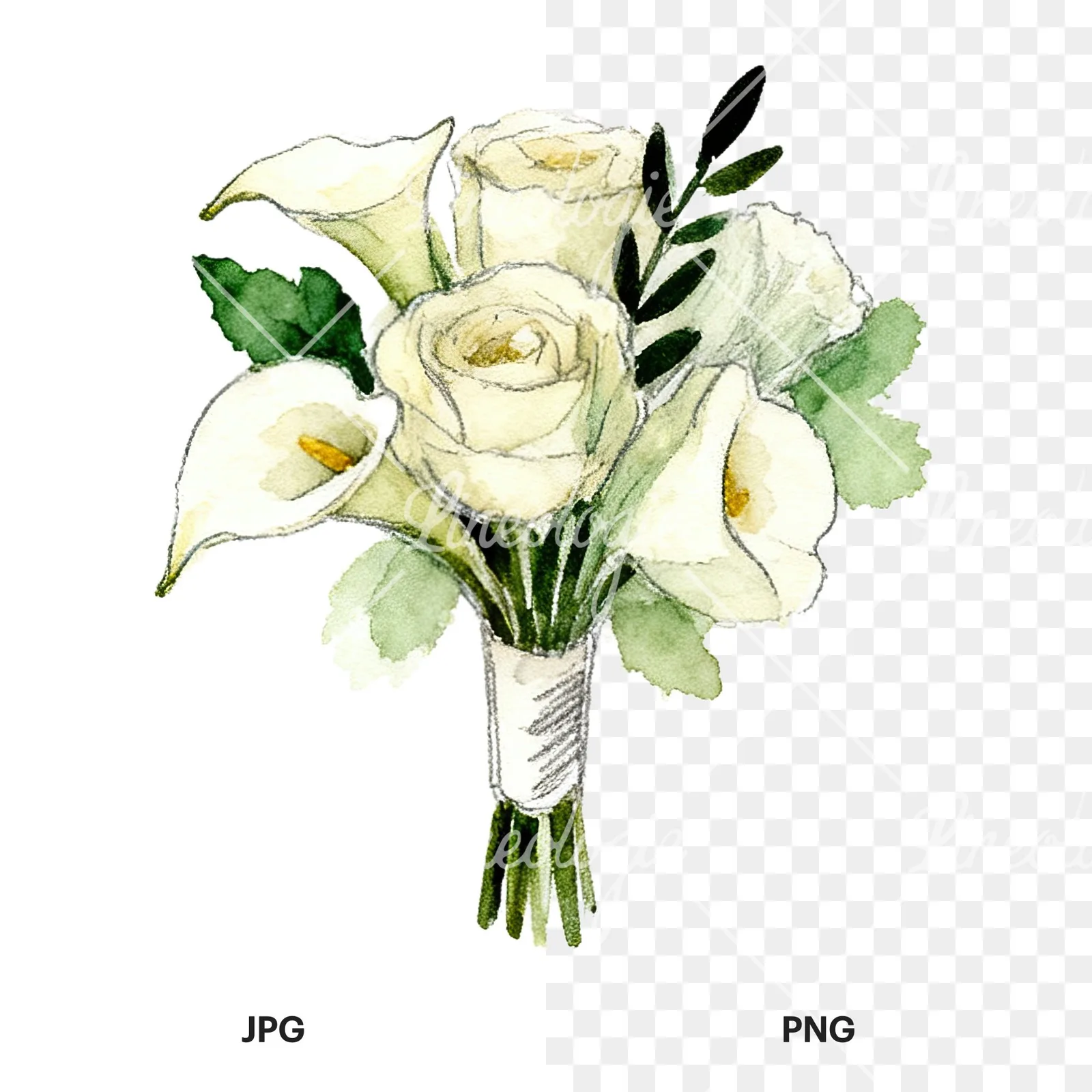 Watercolor cream and green wedding bouquet clipart 10 of 12, as a JPG on white and a transparent PNG