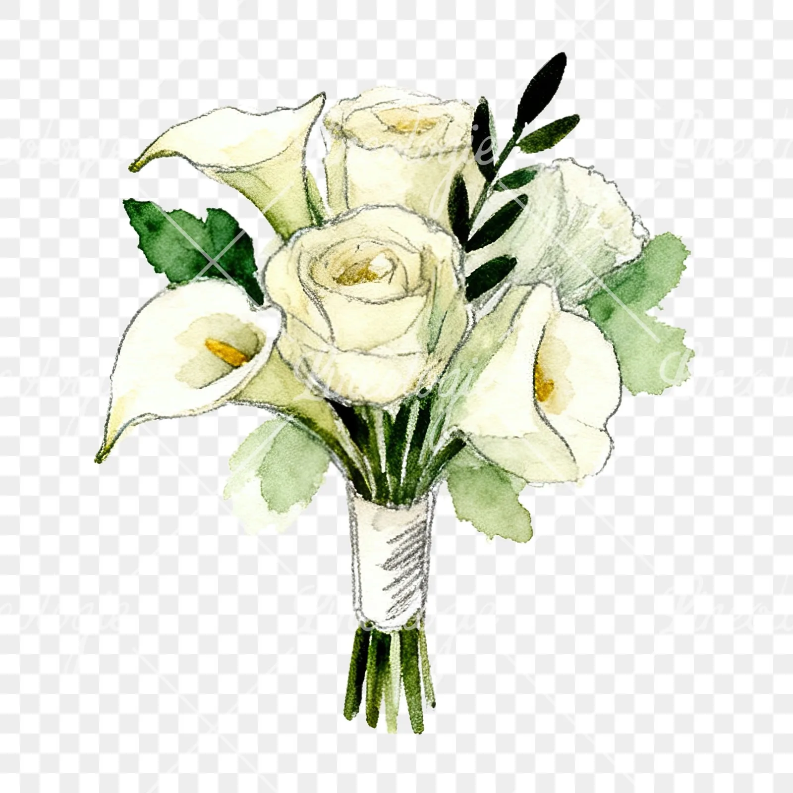 Watercolor cream and green wedding bouquet clipart 10 of 12 on a transparent background (PNG)
