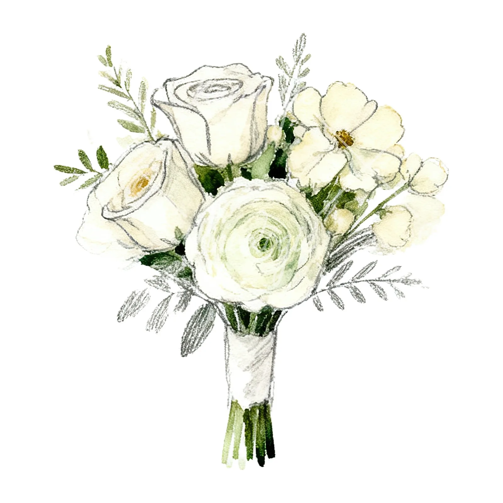 Watercolor cream and green wedding bouquet clipart 11 of 12 on a white background (JPG)