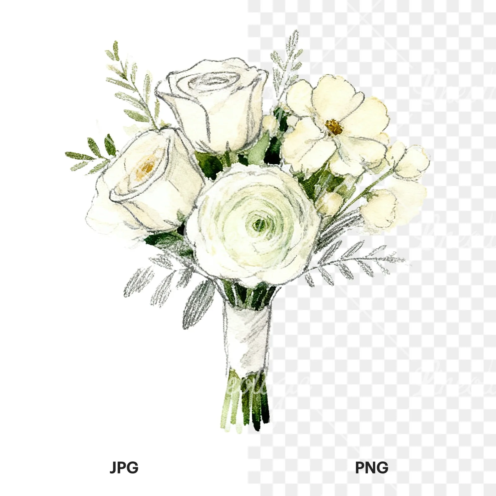 Watercolor cream and green wedding bouquet clipart 11 of 12, as a JPG on white and a transparent PNG