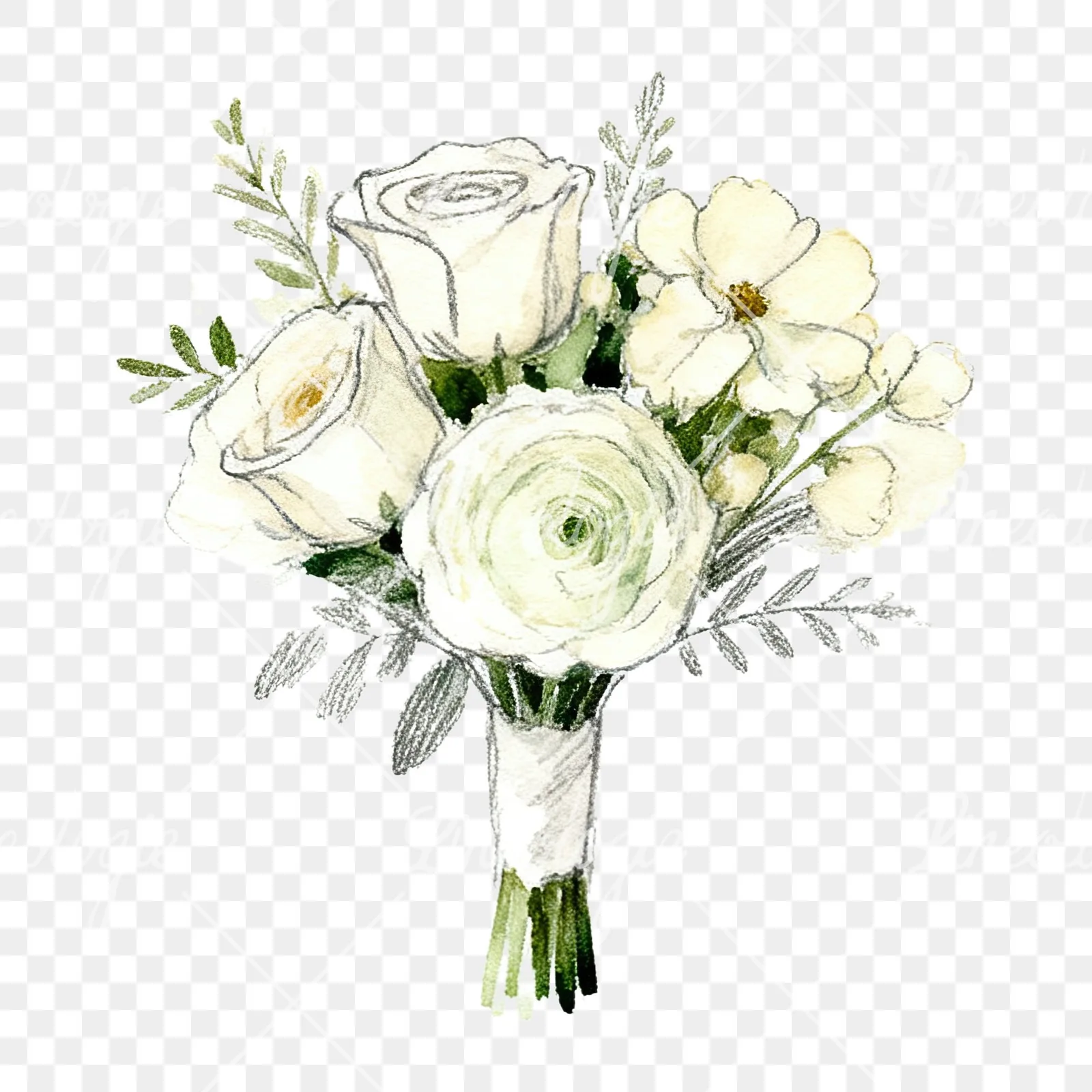 Watercolor cream and green wedding bouquet clipart 11 of 12 on a transparent background (PNG)