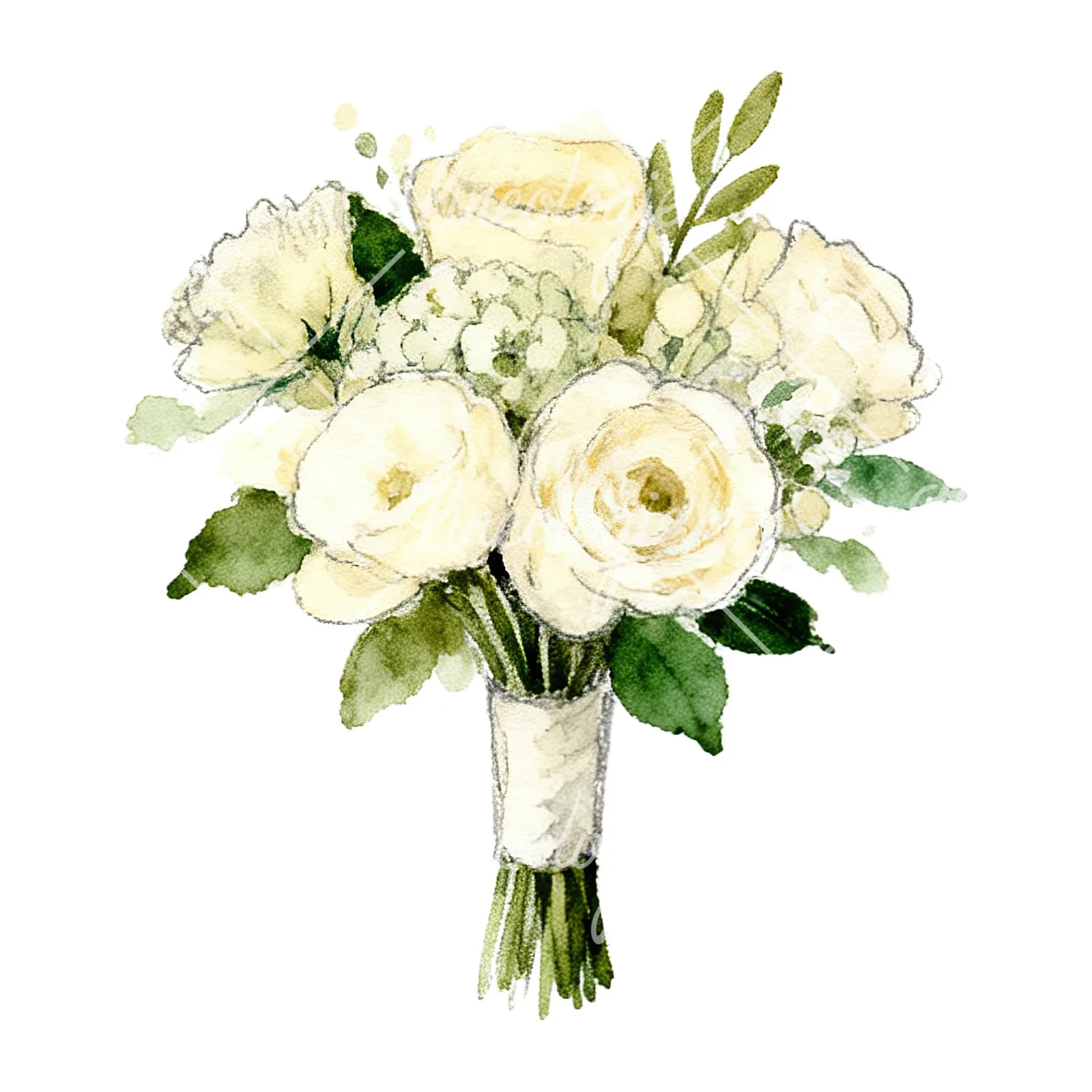 Watercolor cream and green wedding bouquet clipart 12 of 12 on a white background (JPG)