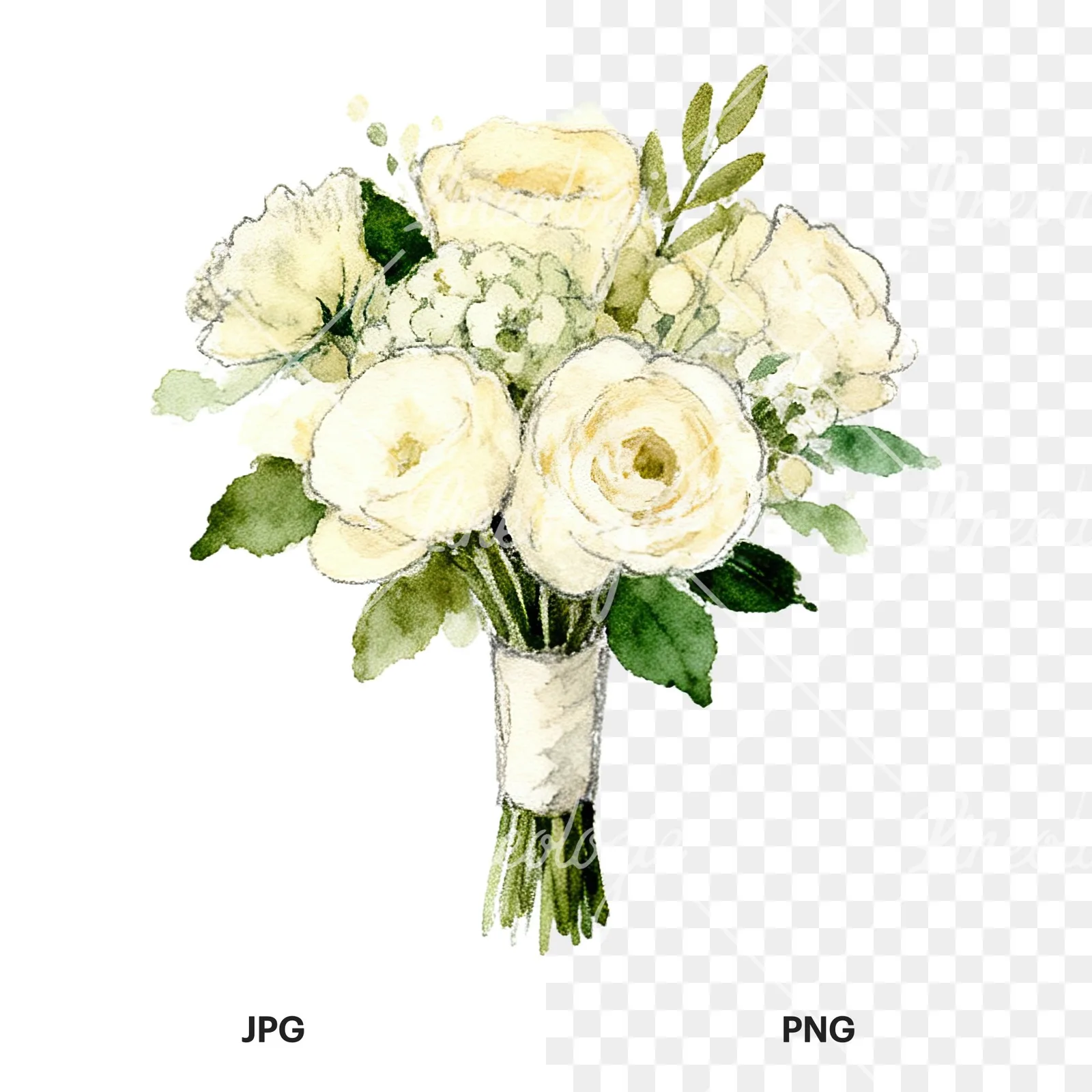 Watercolor cream and green wedding bouquet clipart 12 of 12, as a JPG on white and a transparent PNG