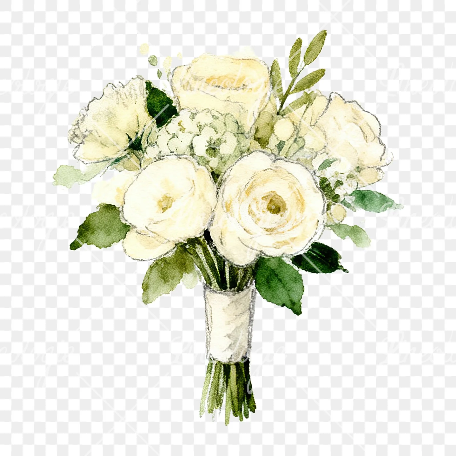 Watercolor cream and green wedding bouquet clipart 12 of 12 on a transparent background (PNG)
