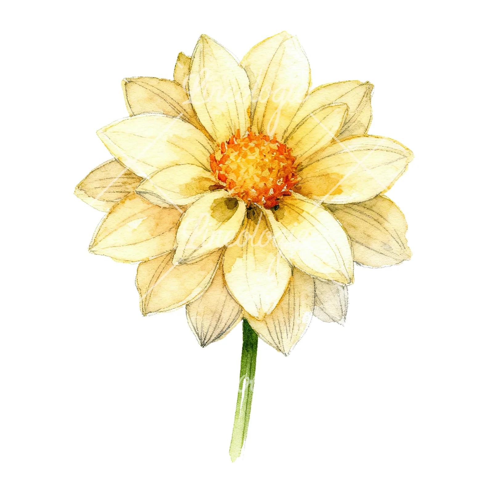Watercolor single stem dahlia flower clipart 1 of 9 on a white background (JPG)