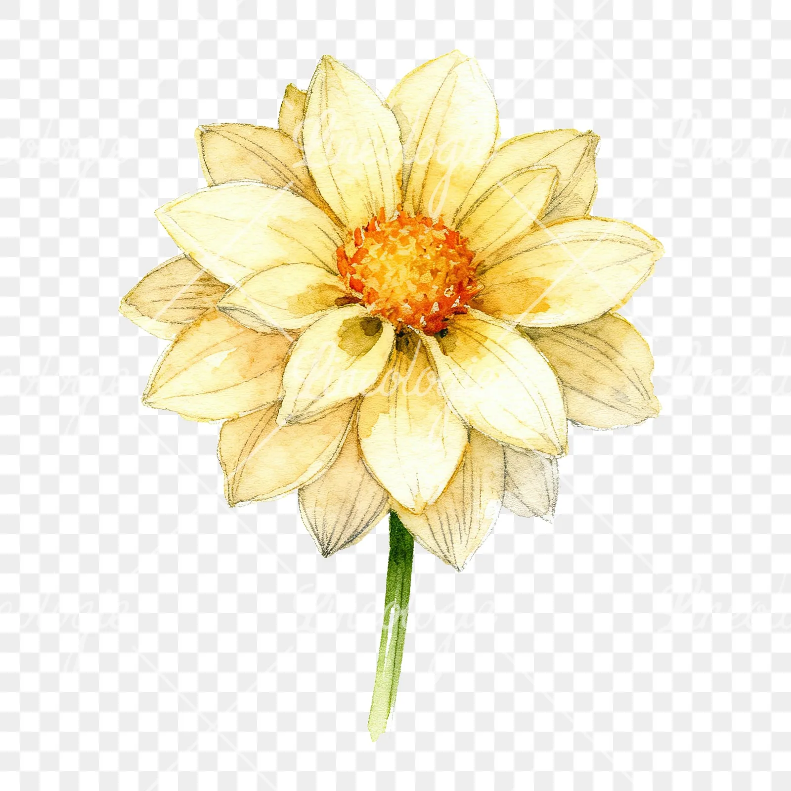 Watercolor single stem dahlia flower clipart 1 of 9 on a transparent background (PNG)