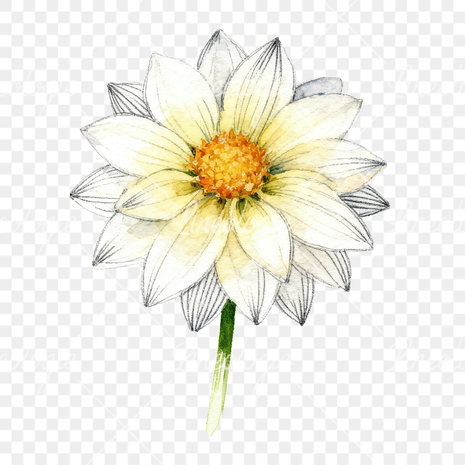 Watercolor single stem dahlia flower clipart 7 of 9 on a transparent background (PNG)