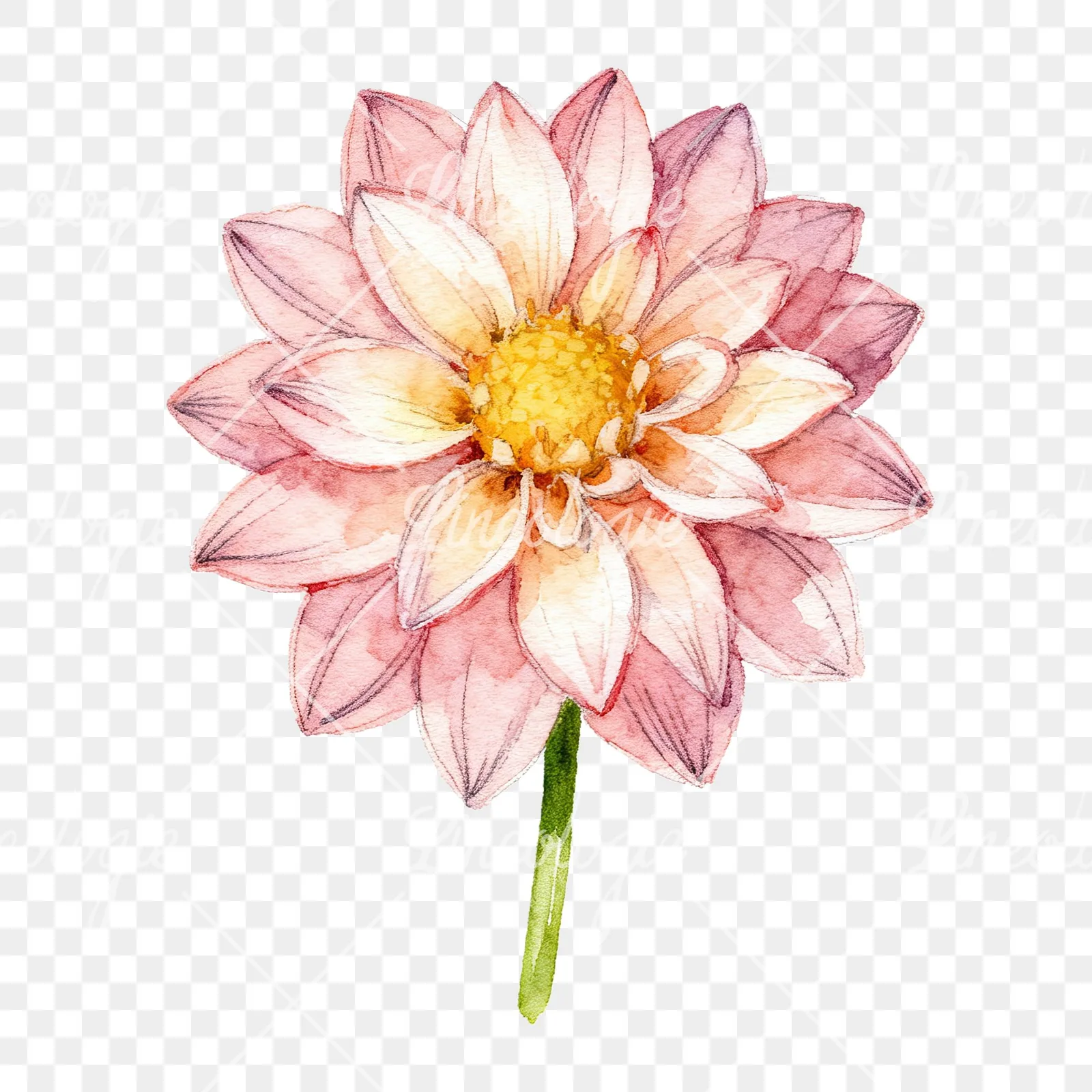 Watercolor single stem dahlia flower clipart 9 of 9 on a transparent background (PNG)