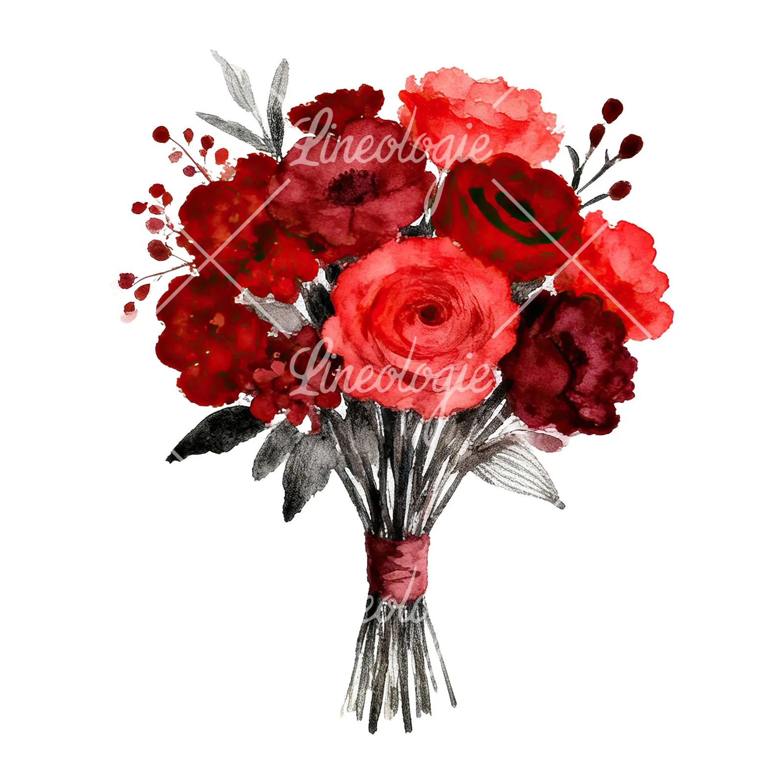 Watercolor deep red and burgundy wedding bouquet clipart 1 of 9 on a white background (JPG)
