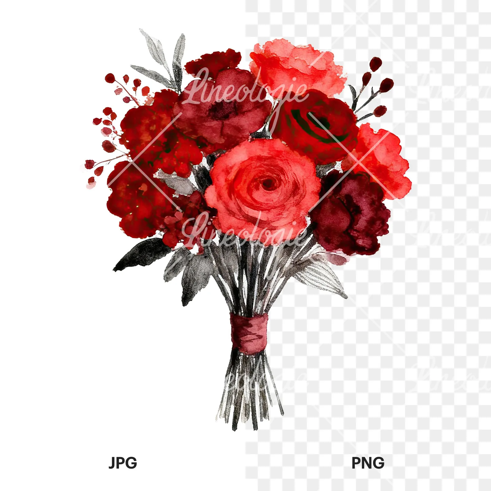 Watercolor deep red and burgundy wedding bouquet clipart 1 of 9, as a JPG on white and a transparent PNG