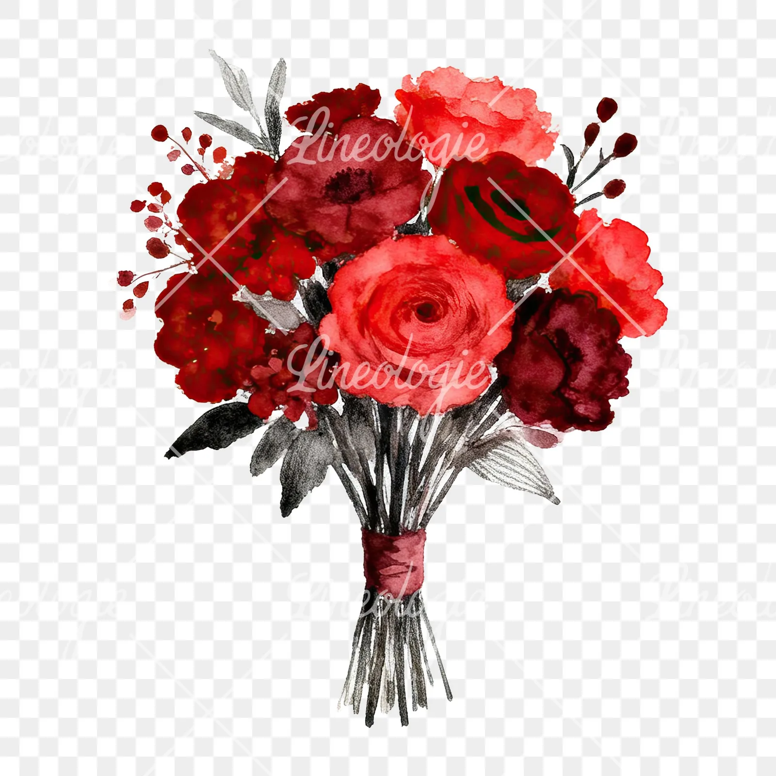 Watercolor deep red and burgundy wedding bouquet clipart 1 of 9 on a transparent background (PNG)