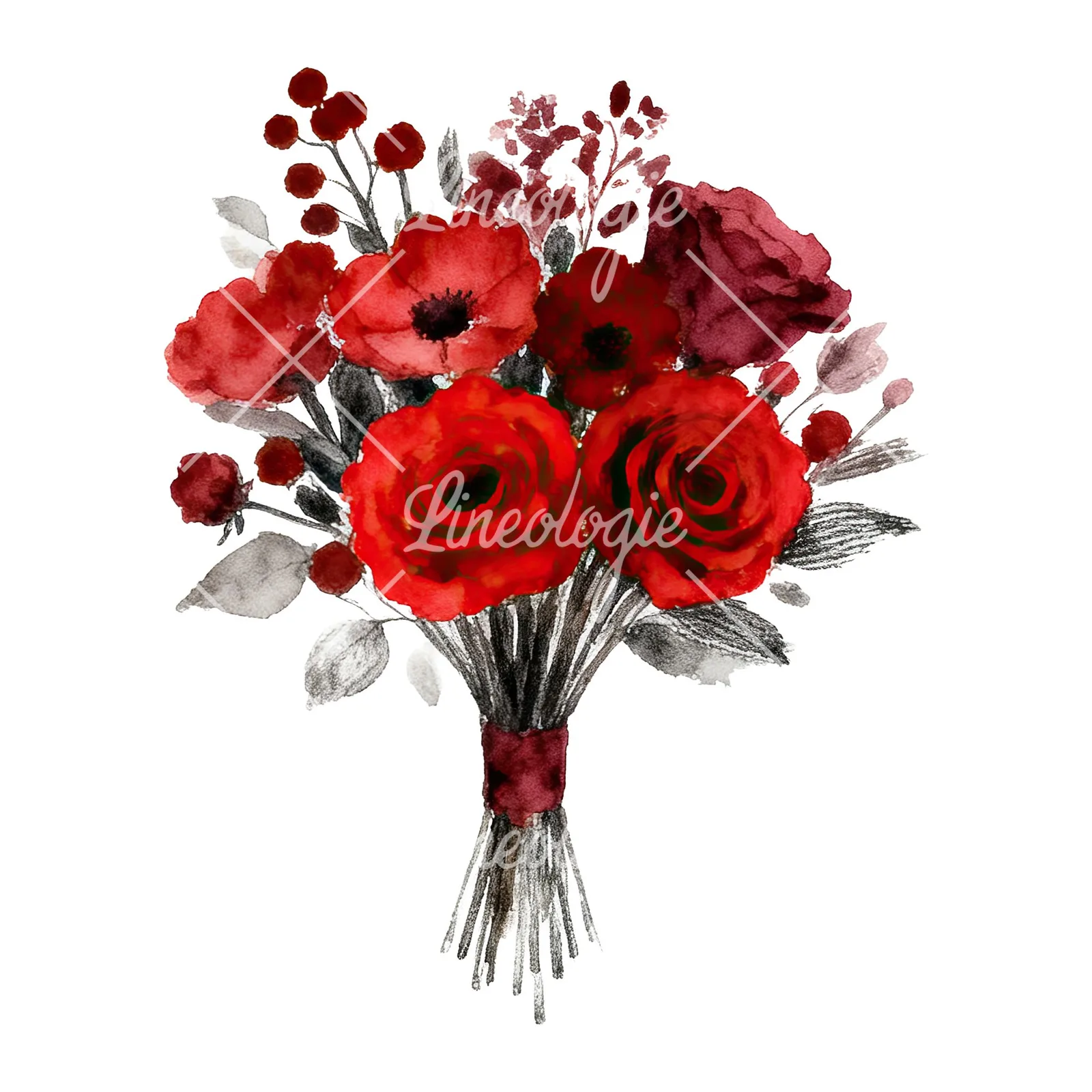 Watercolor deep red and burgundy wedding bouquet clipart 2 of 9 on a white background (JPG)