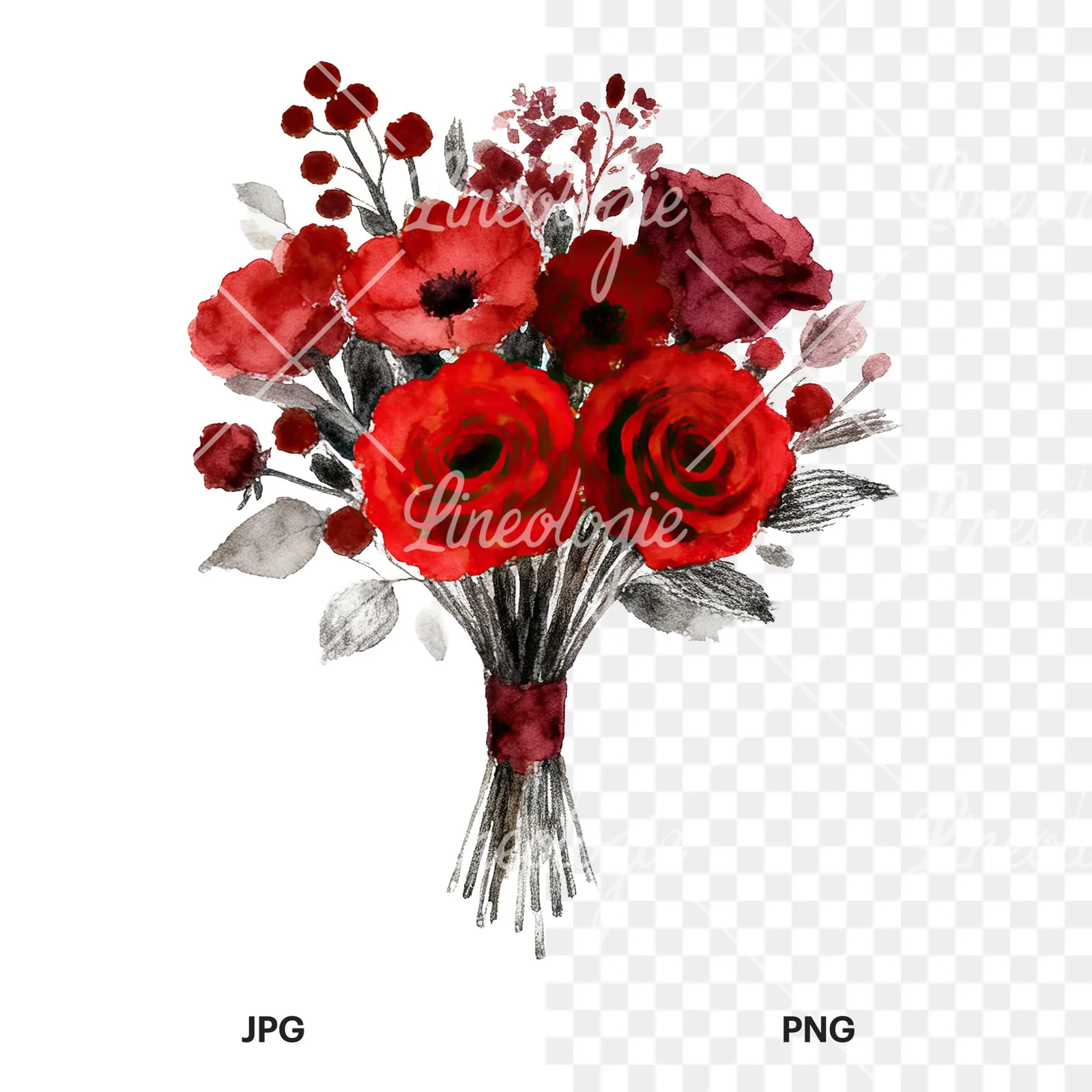 Watercolor deep red and burgundy wedding bouquet clipart 2 of 9, as a JPG on white and a transparent PNG