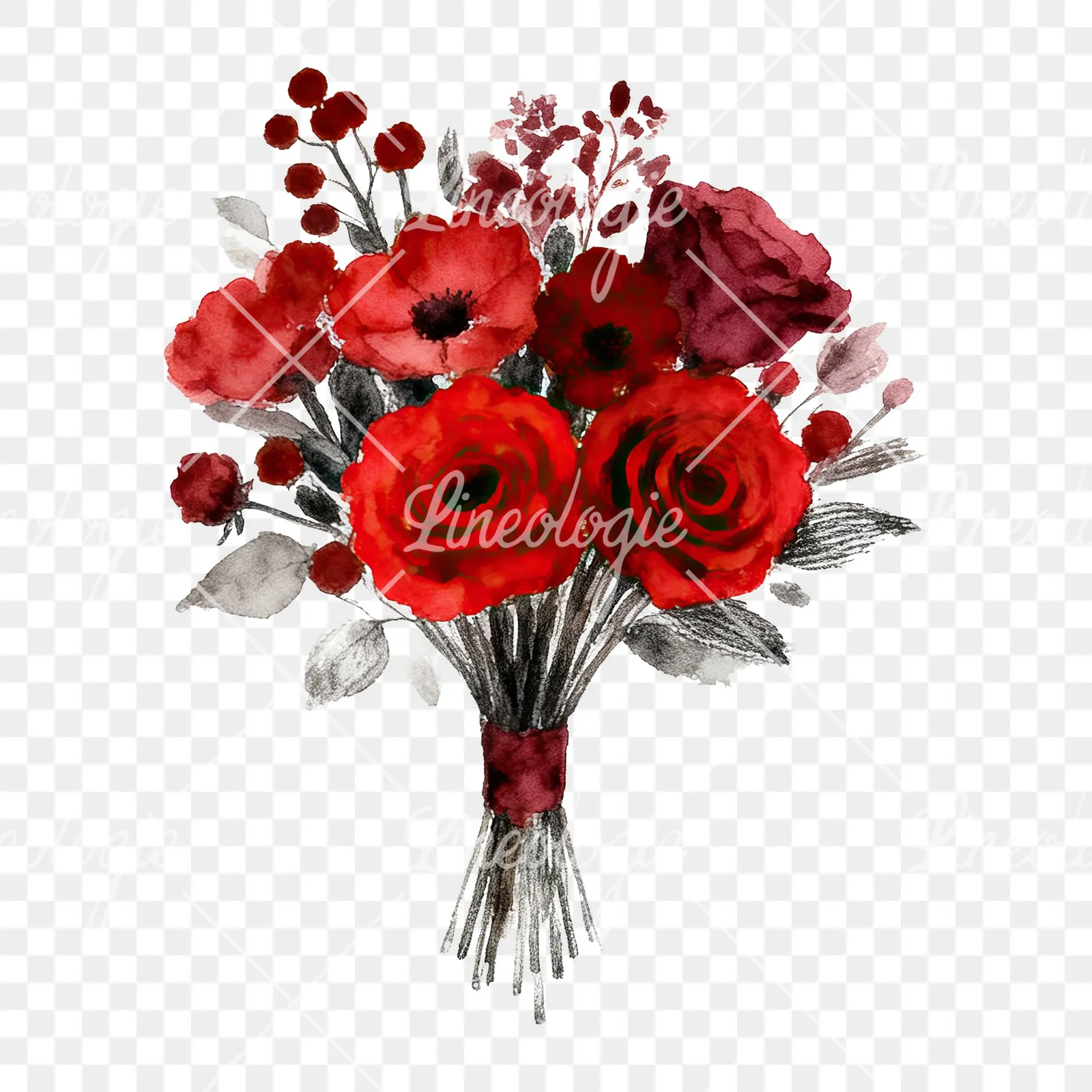 Watercolor deep red and burgundy wedding bouquet clipart 2 of 9 on a transparent background (PNG)