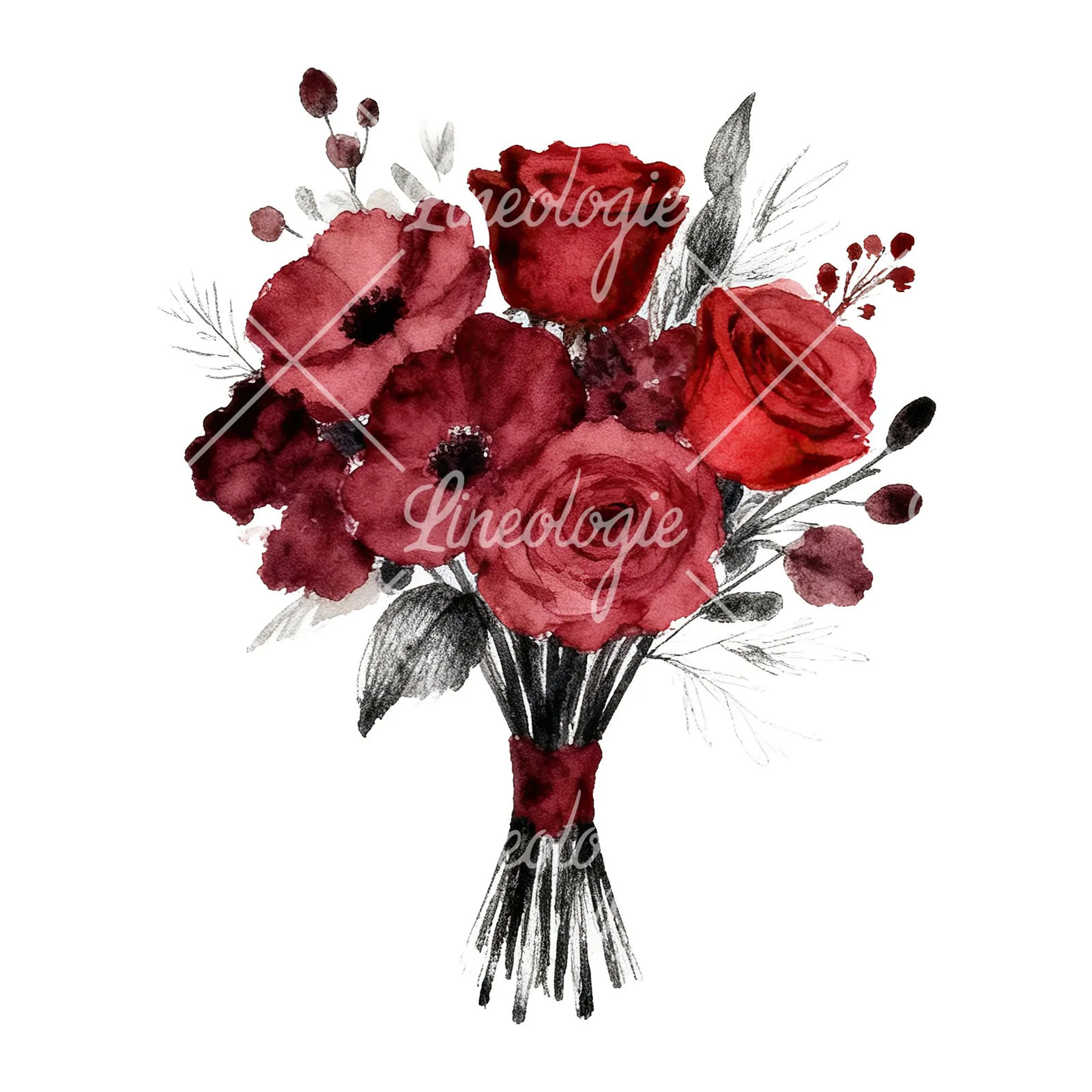 Watercolor deep red and burgundy wedding bouquet clipart 3 of 9 on a white background (JPG)