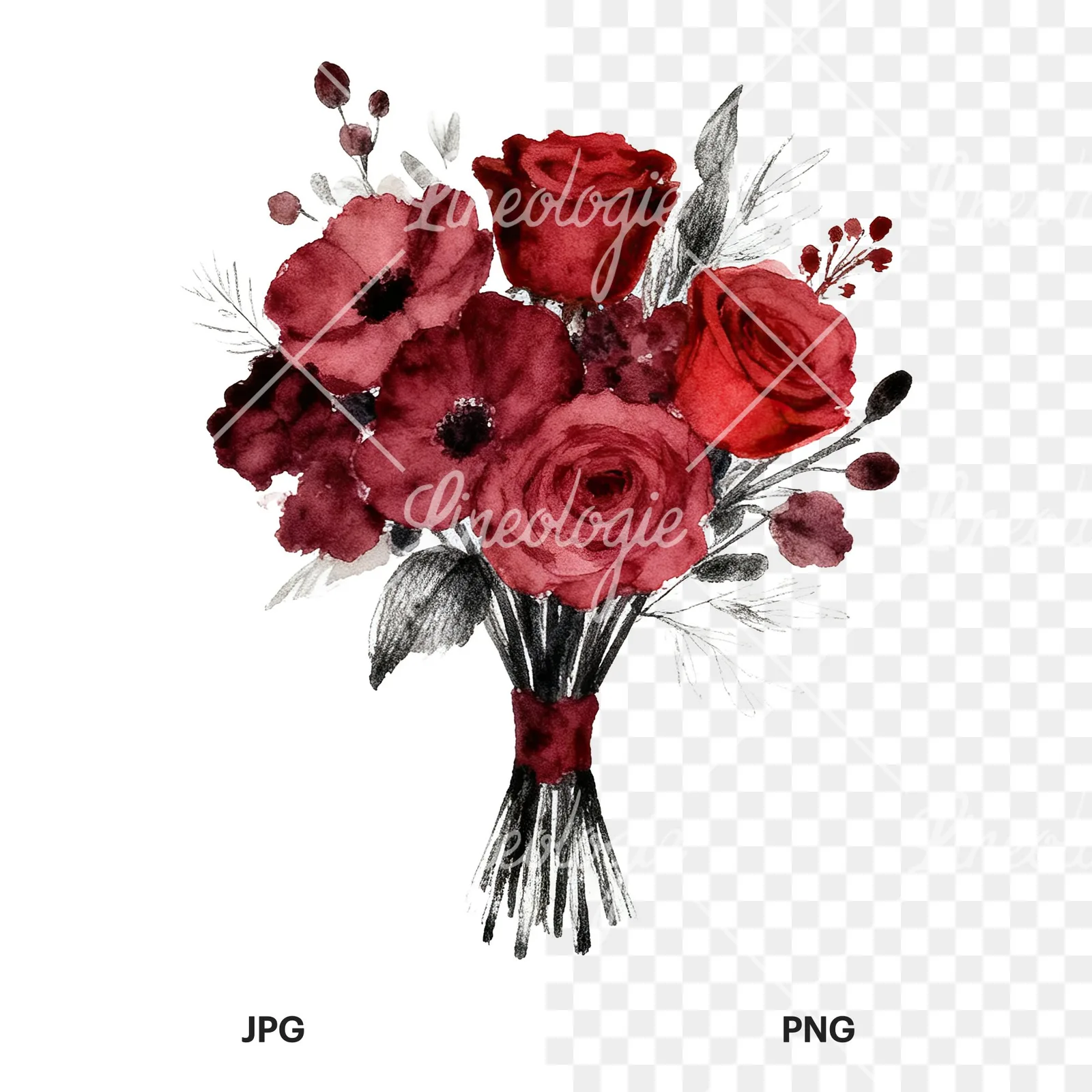 Watercolor deep red and burgundy wedding bouquet clipart 3 of 9, as a JPG on white and a transparent PNG