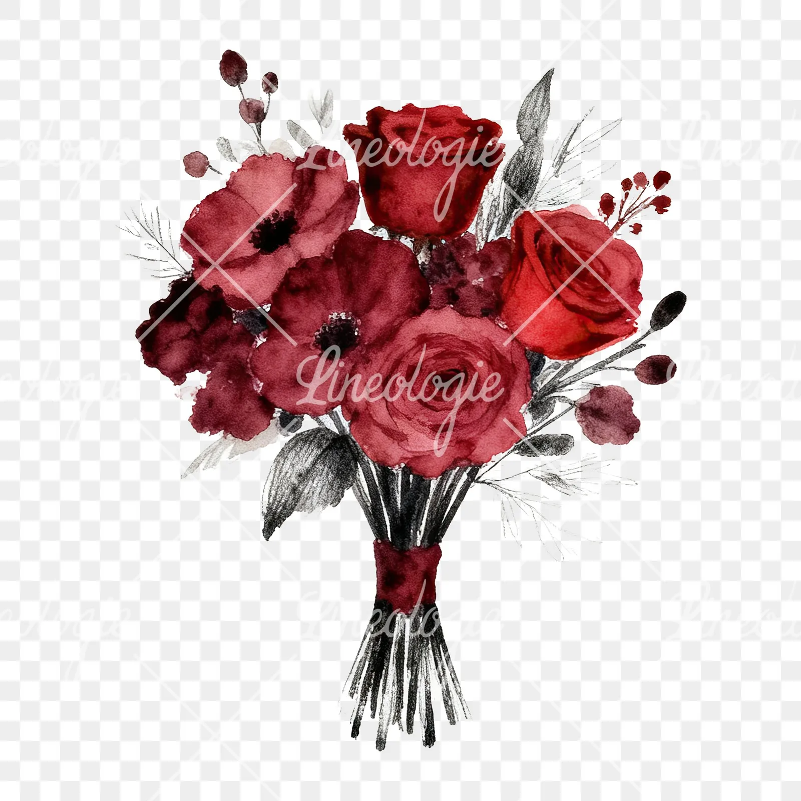 Watercolor deep red and burgundy wedding bouquet clipart 3 of 9 on a transparent background (PNG)